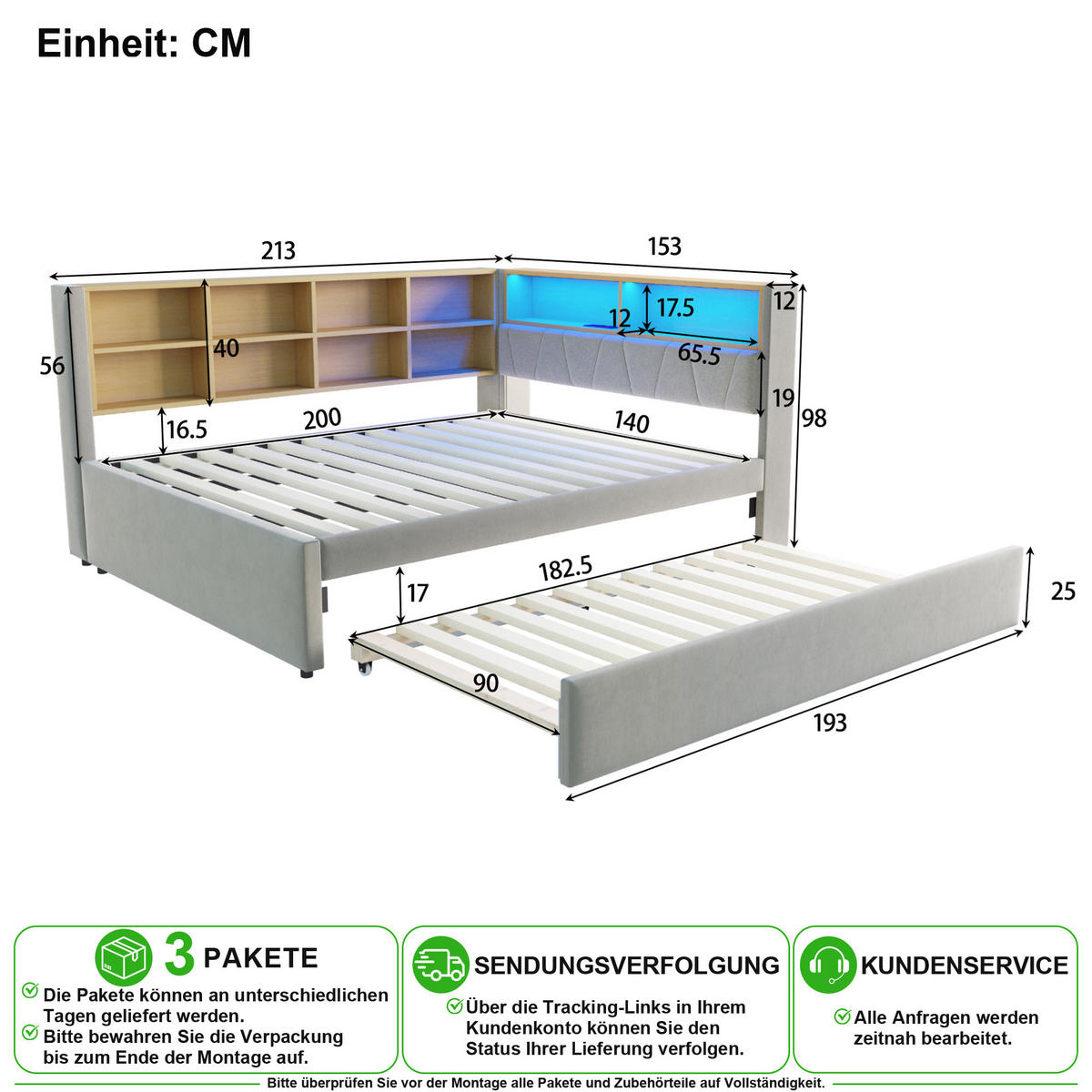 SCHLAFSOFA 140/200 cm & 90/190 cm in Hellgrau mit LED, USB und Ablagefächern - Hellgrau, Holzwerkstoff/Textil (140/200cm) - CHICFURN