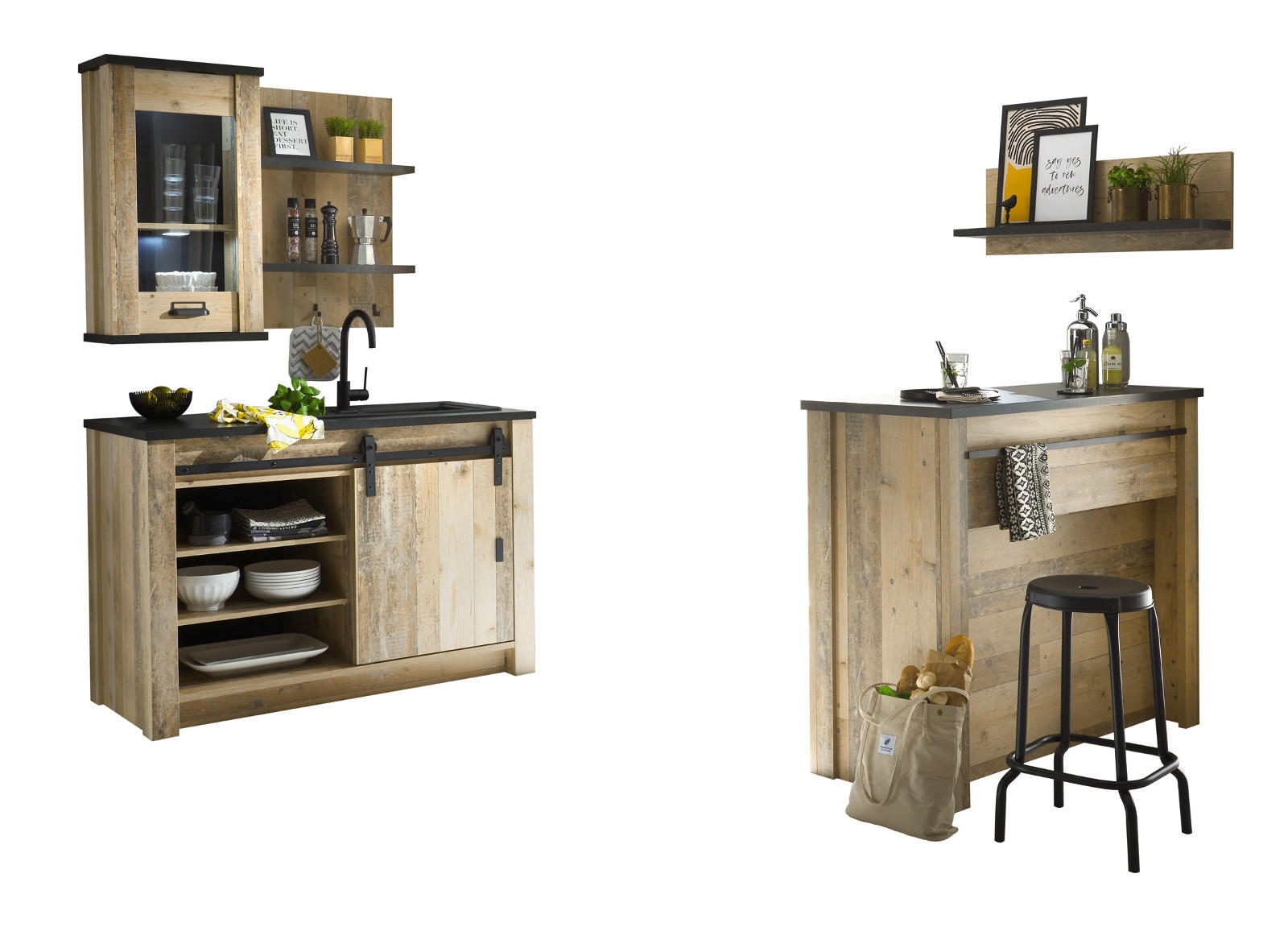 KÜCHEN-SET Used Wood hell, anthrazit, Küchenschrank Set 5-teilig mit Theke - Anthrazit/Schwarz, Glas/Holzwerkstoff (133/201/64cm) - Furn.Design