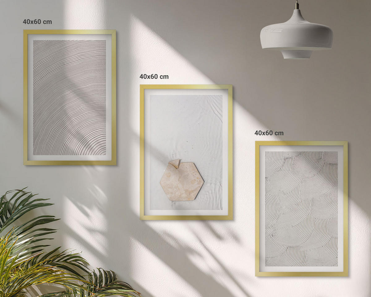 WANDBILDER 3er Set - 40x60 cm Goldrahmen - Leichte Boho-Sandtexturen - Goldfarben, Kunststoff (40/60cm) - ArtPrintCave
