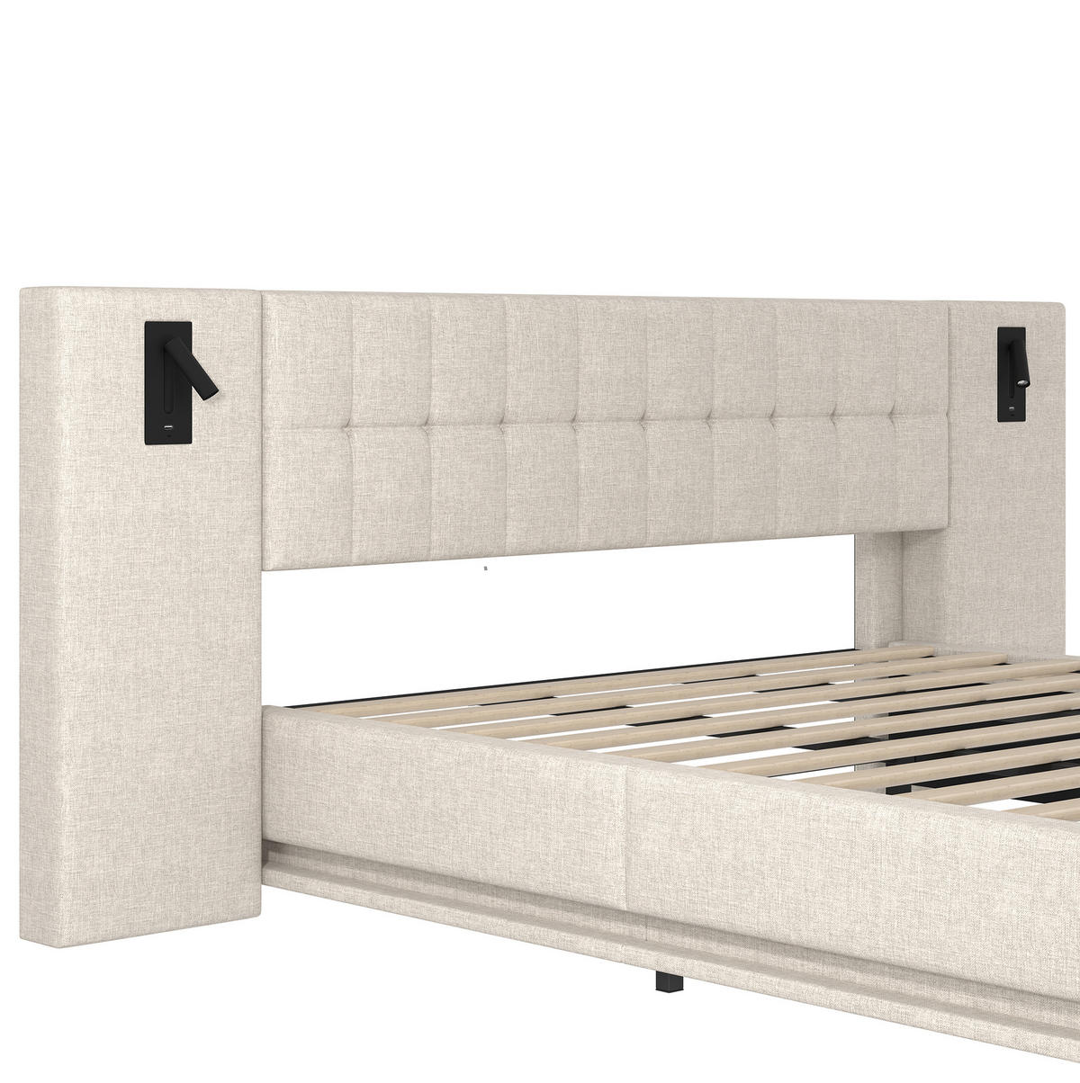 POLSTERBETT 180/200 cm Beige aus Leinen mit LED-Leiste und USB - Beige, Textil (180/200cm) - OKMYHOME