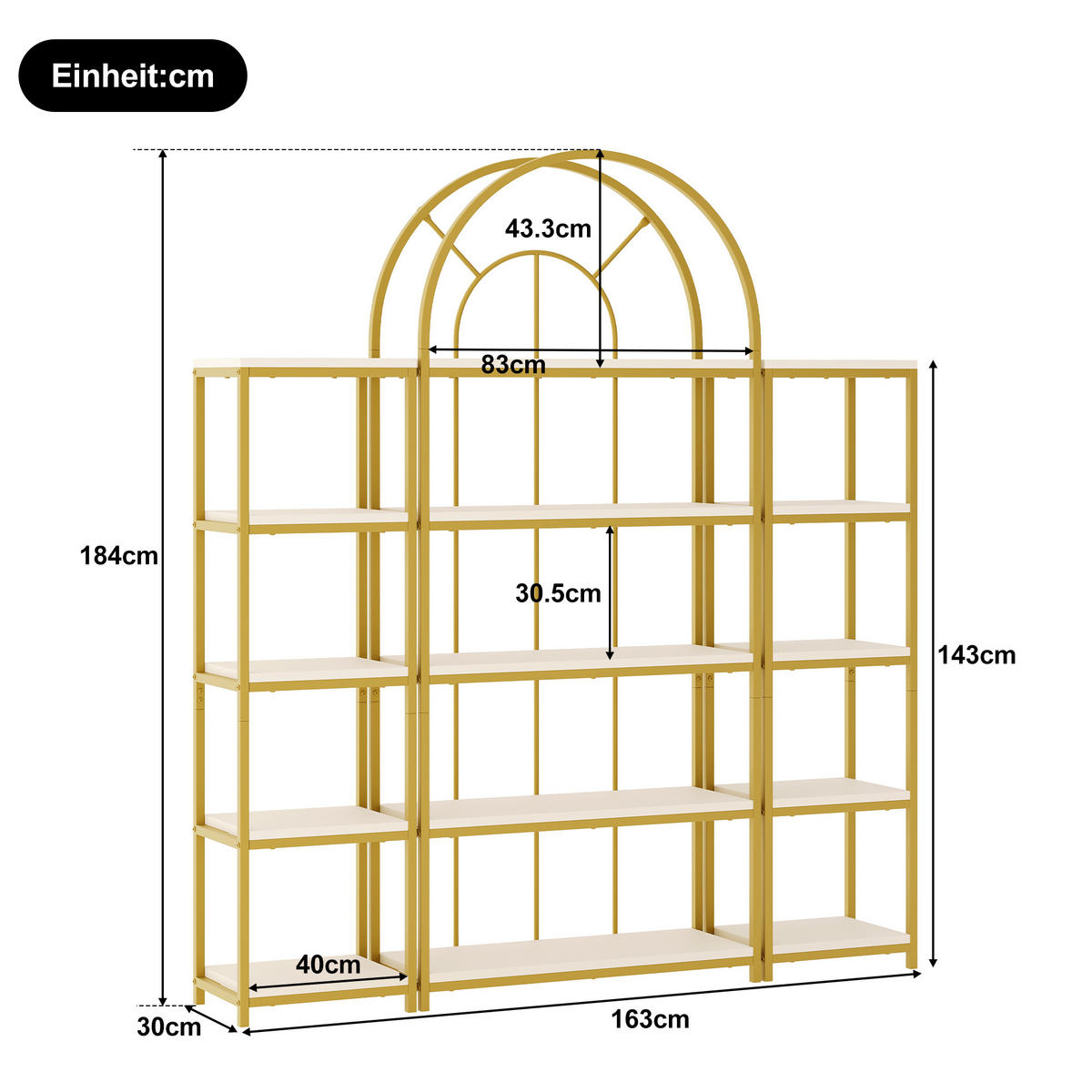 REGAL 163cm 3-teilig Gold Metall MDF Bogen modern - Multicolor, Metall (163/184/30cm) - FLIEKS