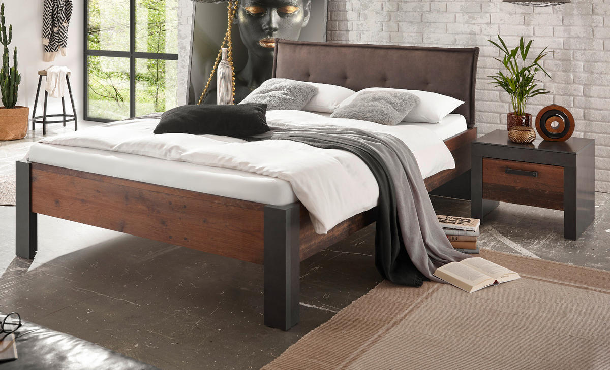 BETT Old Used Wood Shabby Design mit grau, Kopfteil gepolstert, Einzelbett, Liegefläche 140 x 200 cm - Dunkelgrau/Braun, Holzwerkstoff (140/200cm) - Furn.Design