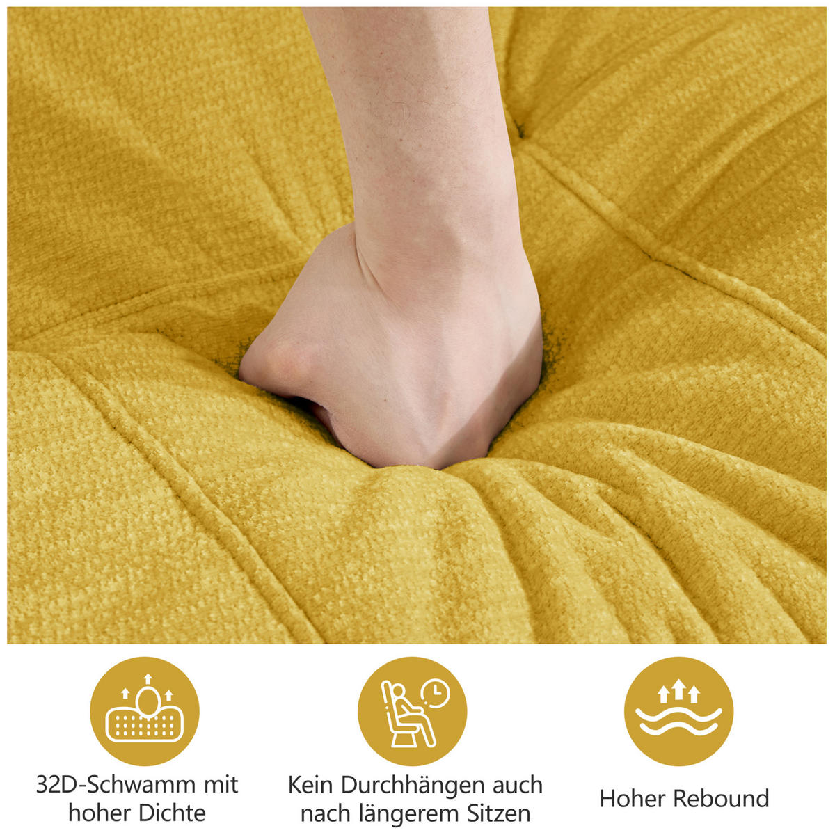SOFA 334/97/68 cm in Gelb aus Chenille mit hoher Belastbarkeit - Gelb, Textil (97/68/334cm) - Flora Grace