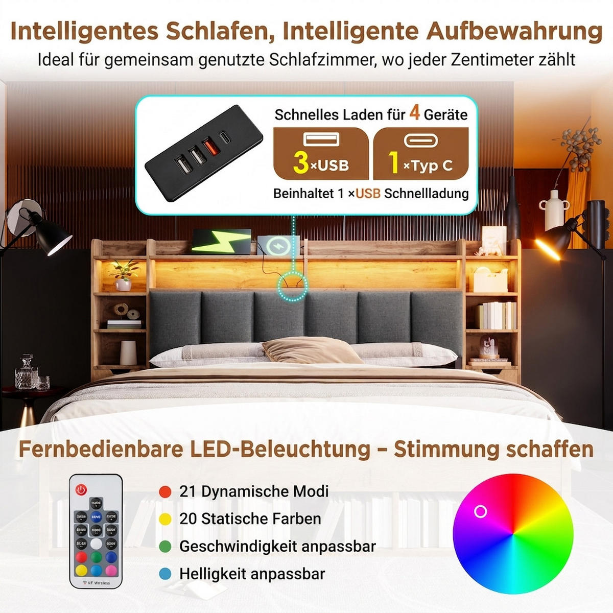 POLSTERBETT 180/200 cm Eiche mit LED-Beleuchtung, USB- und Type-C-Anschlüssen und Rollschubladen - Eichefarben, Holz (180/200cm) - Oxeza