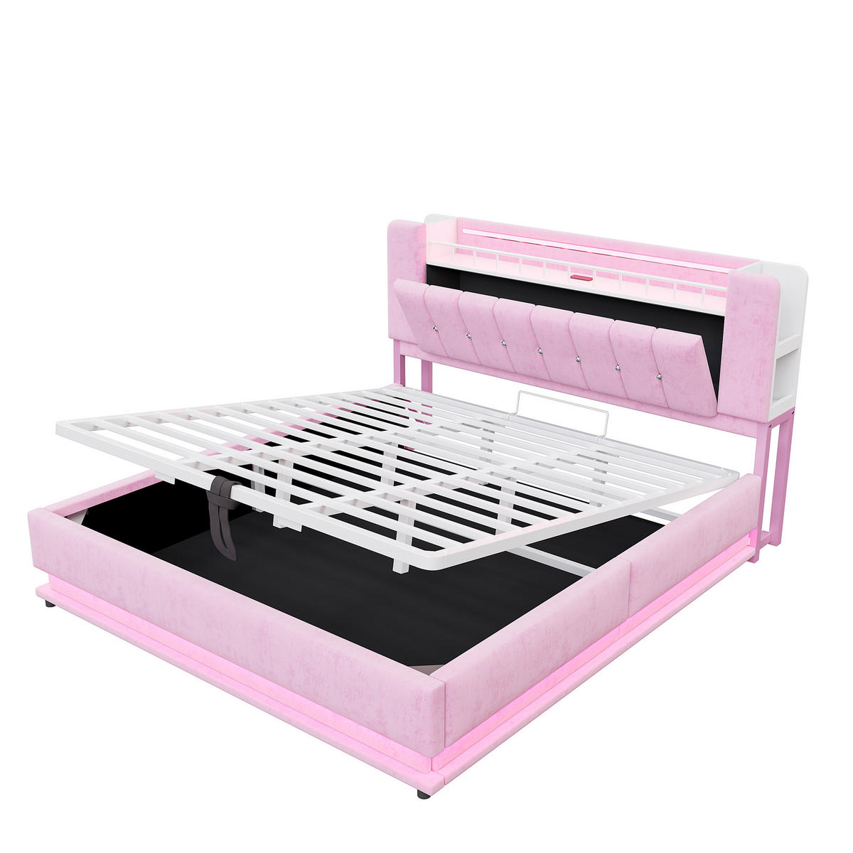 STAURRAUMBETT 180/200 cm DE-02116, in Rosa, mit LED, USB und Hydraulik - Pink, Metall (180/200cm) - ComfortXL