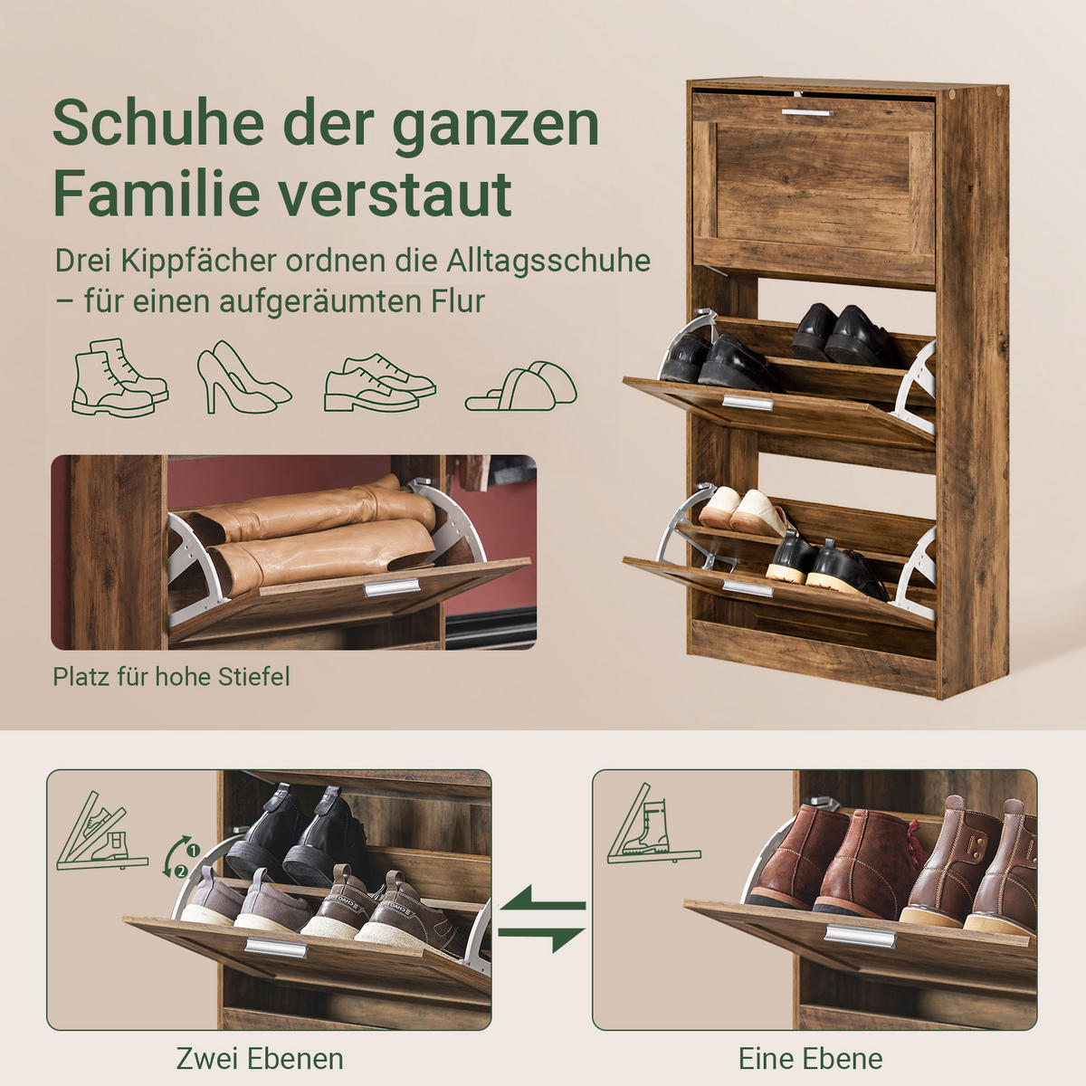 SCHUHSCHRANK Braun, nur 23 cm tief, 3 Klappen für ca. 12 Paar, offene Ablage oben, E1, bis 25 kg, für Flur & Diele - Silberfarben/Braun, Holzwerkstoff/Metall (60/115/23cm) - SoBuy