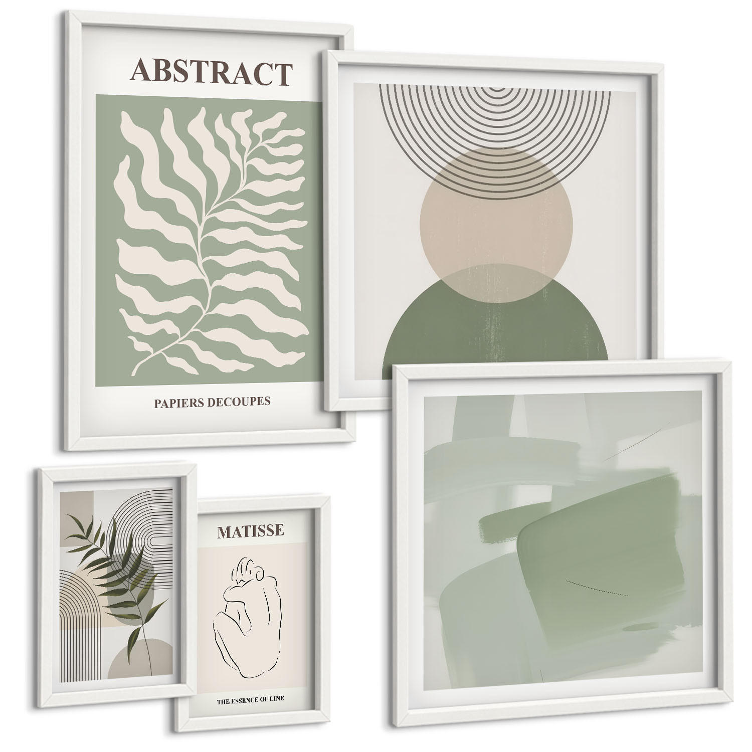 BILDER SET 5er Set - 50x50 cm & 20x30 cm & 40x60 cm Weißer Rahmen - Botanische Boho-Abstraktionen - Weiß, Kunststoff (40/60cm) - TULUP