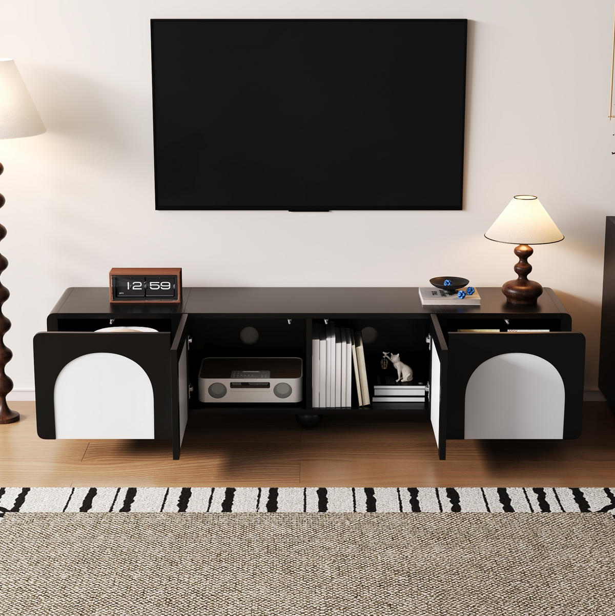 TV ormarić 180/38/45 cm crno-bijeli od MDF-a i PB-a s 2 ladice i 2 vrata - crna, drvni materijal (180/45/38cm) - OKWISH