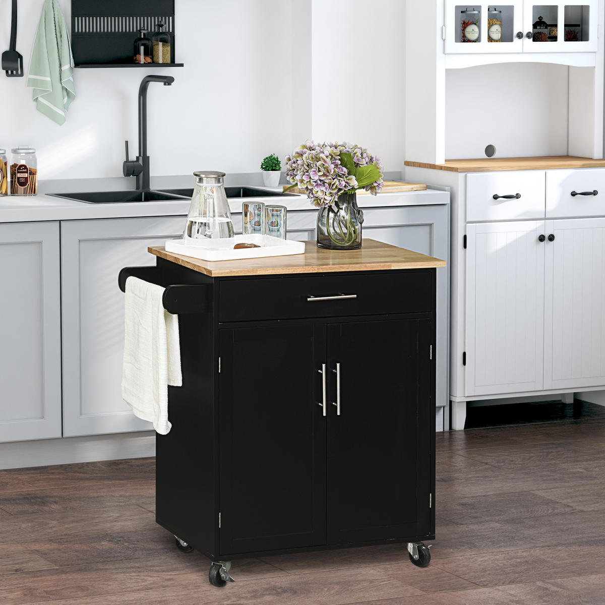 KÜCHENWAGEN, Schublade, 2-türiger Schrank, Rollen, Seitenstange, schwarz, 83x45x91,5cm - Multicolor, Metall (83/91.5/45cm) - FORIOUS