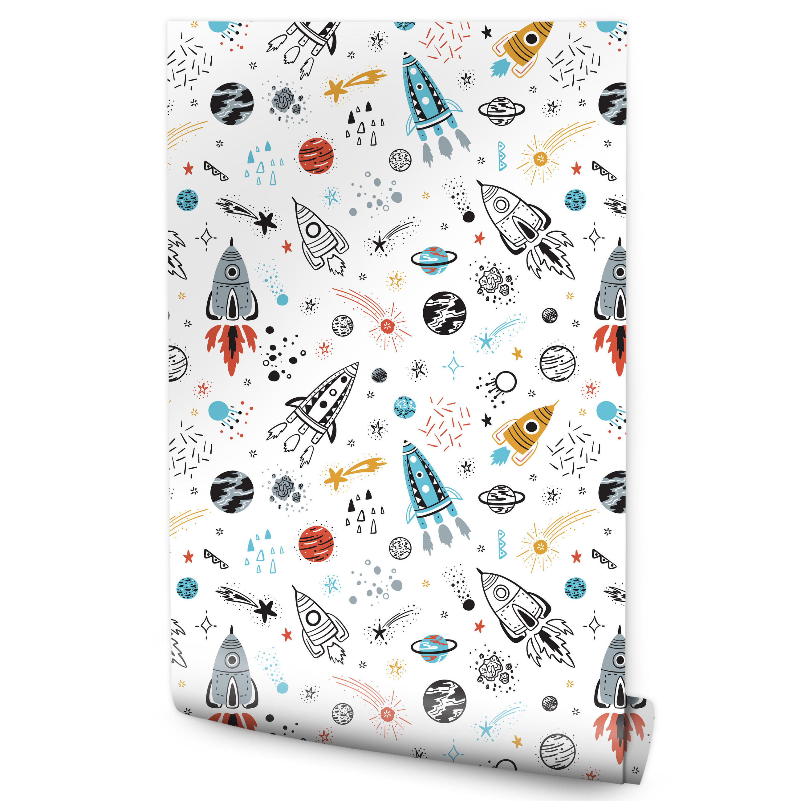 VLIESTAPETE Planeten, Sterne und Raketen – Bunt, Weiß – 50x1000 cm - Multicolor/Weiß, Papier (50/1000cm) - Muralo