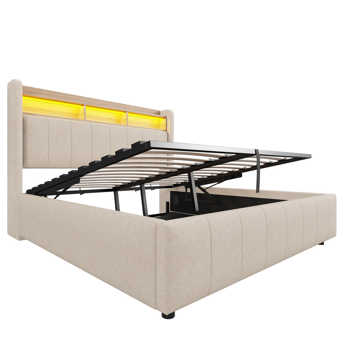 POLSTERBETT aus Leinenstoff 160x200 cm Beige mit LED, USB-C und hydraulischem Bettkasten - Beige, Textil (160/200cm) - IVMEU
