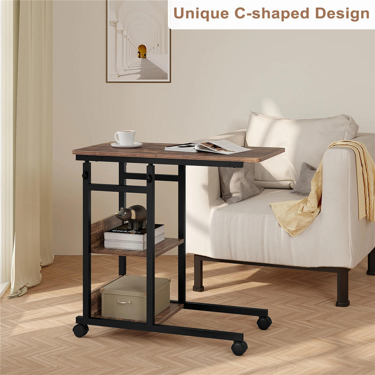 BEISTELLTISCH C-Form höhenverstellbar mit Rollen Braun Sofa Tisch - Braun, Metall (40/80/96cm) - Kaket