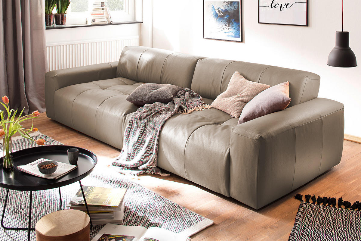 LEDERSOFA MIT SITZTIEFENVERSTELLUNG PALACE Taupe Leder - Taupe, Leder (298/74/120cm) - KAWOLA