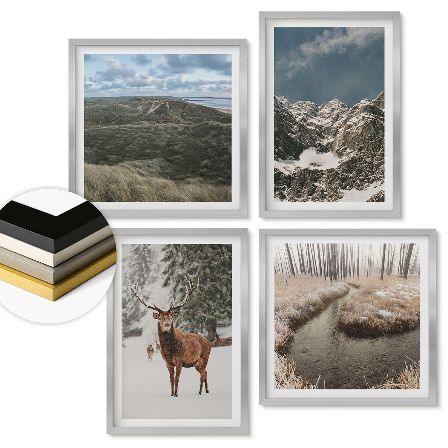 WANDBILDER 4er Set - 50x50 cm & 40x60 cm Silberner Rahmen - Berge, Schnee, Hirsche, Waldlandschaft - Silberfarben, Kunststoff (50/50cm) - ArtPrintCave