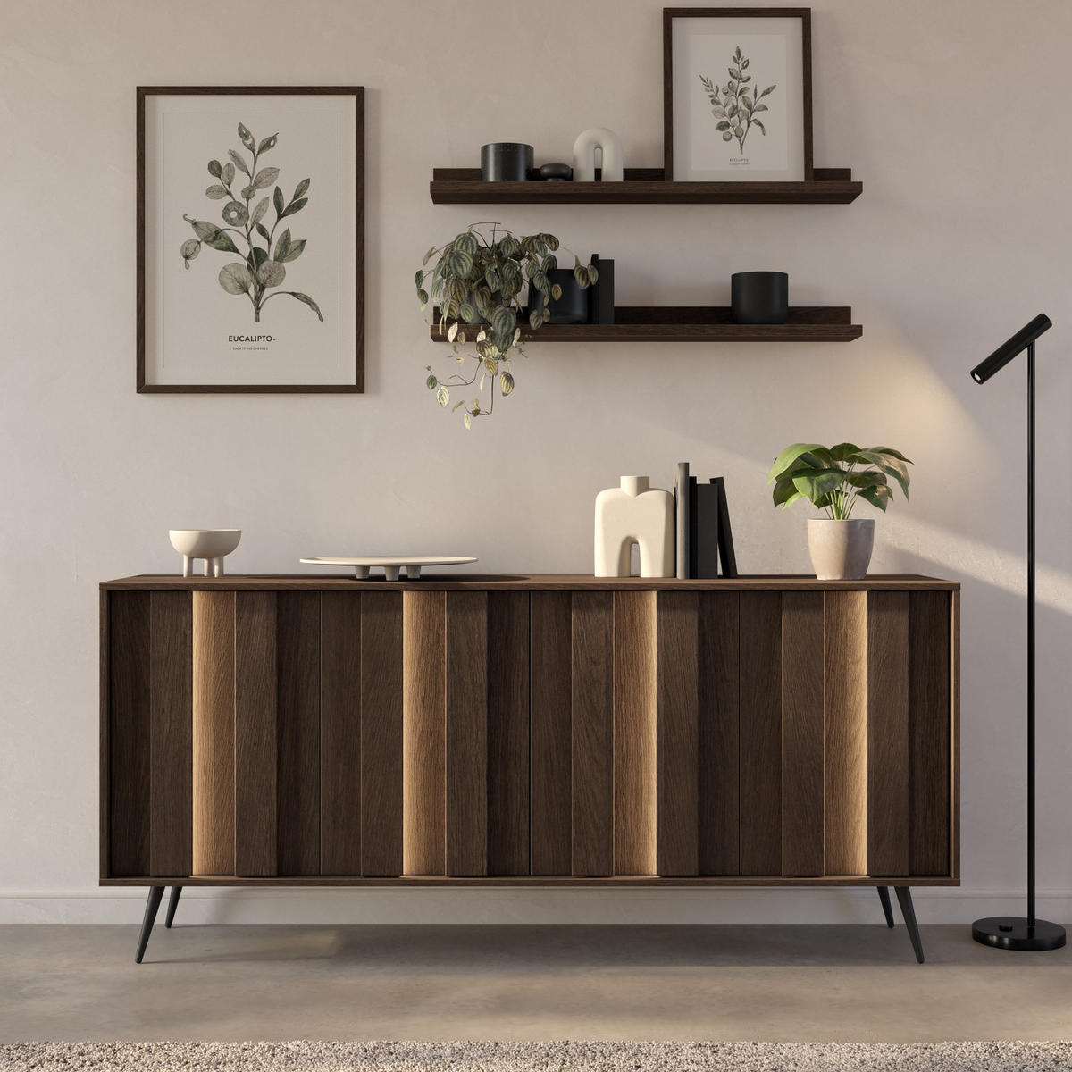 SIDEBOARD LUPO C 183 cm Eiche Dunin - mit 4 Türen, LED und Metallfüßen - Eichefarben/Schwarz, Holz/Holzwerkstoff (183/83/40cm) - Ravio