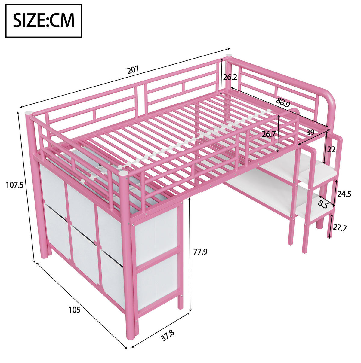 HOCHBETT mit Stauraum 90x200 cm Metall Weiß/Rosa - Pink, Metall (90/200cm) - Beauniv
