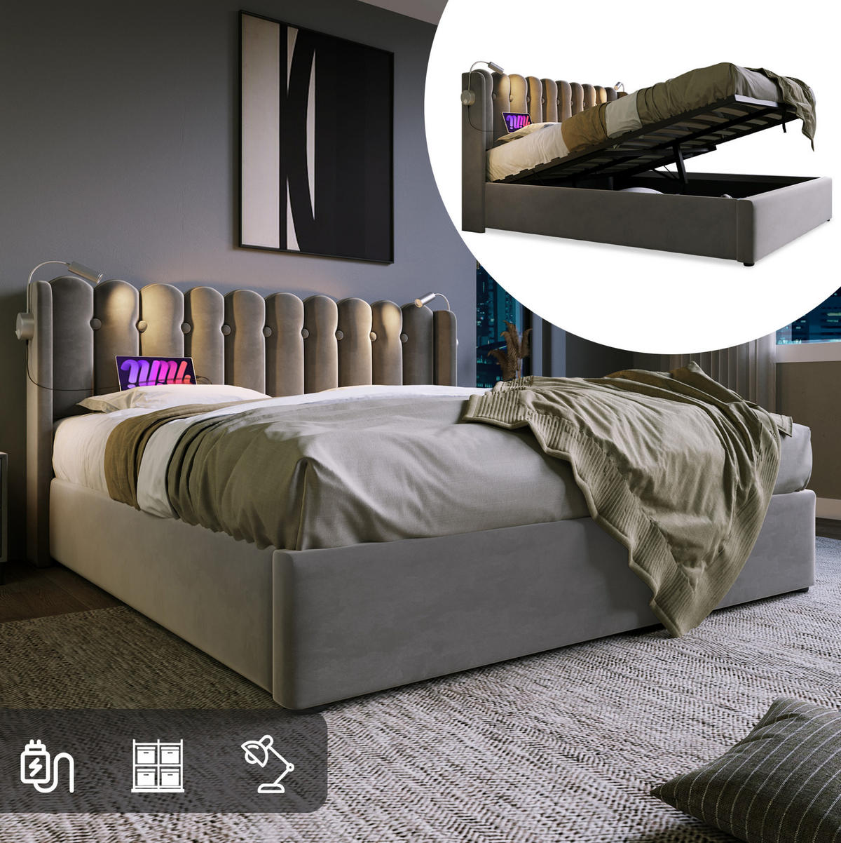 BETT mit Stauraum 140x200 cm Samt Grau mit USB und Leselicht - Grau, Metall (140/200cm) - Meubliv