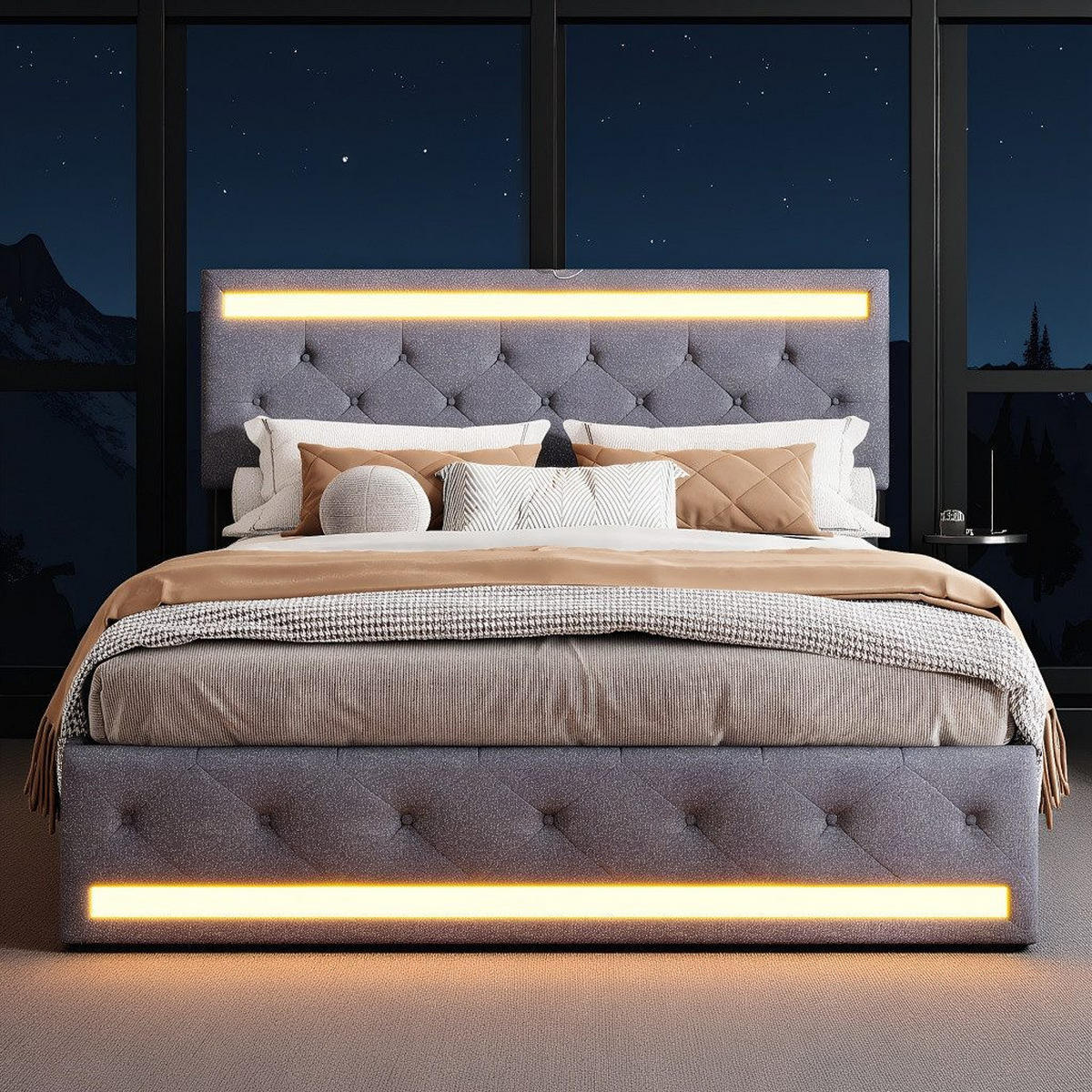 DOPPELBETT 160x200cm grau leinen led usb typ-c schubladen - Grau, Metall - SHOPENTRA