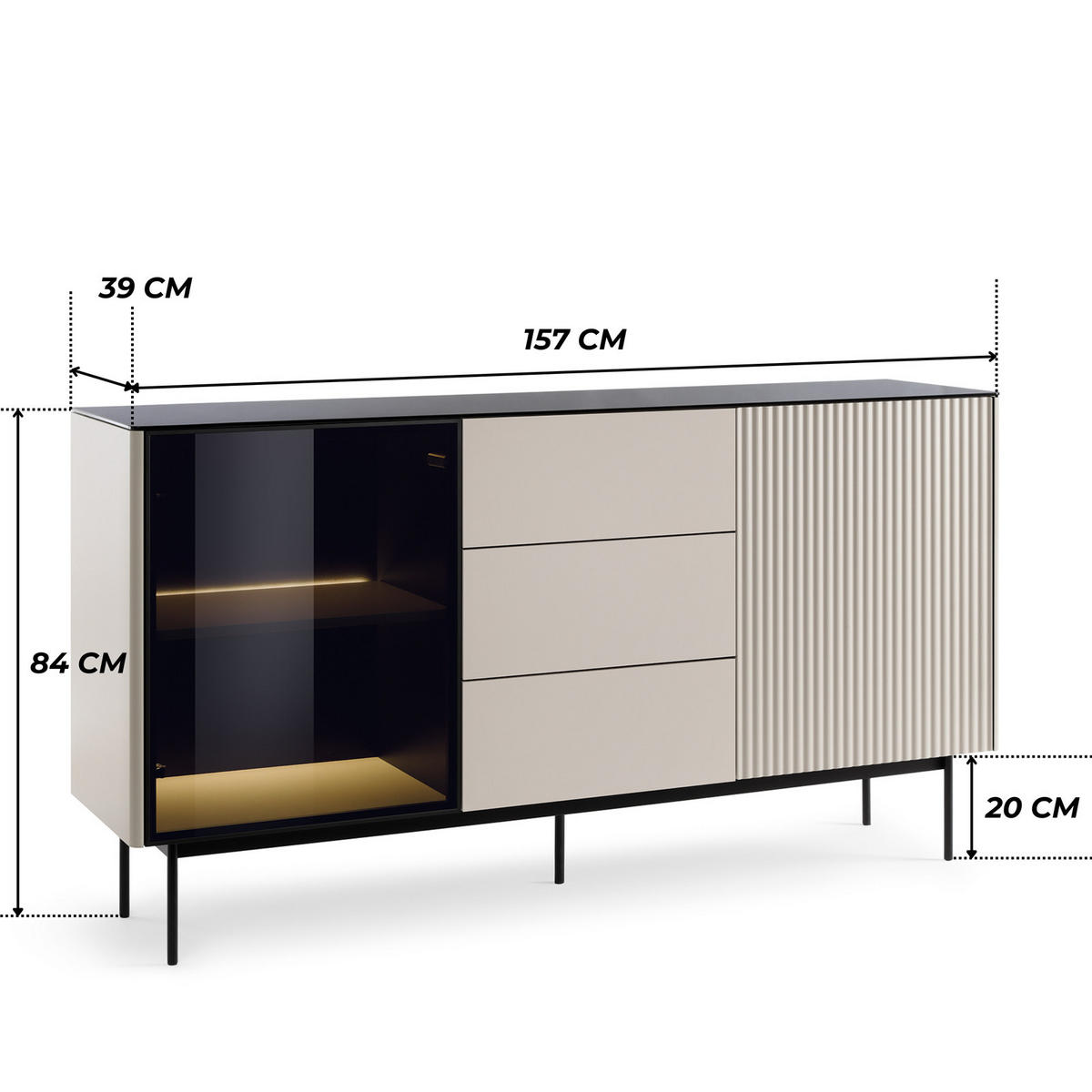 SIDEBOARD DIJON KSZ157 157 cm (Kaschmir, Glasplatte, Antisol-Glas, LED) - Kaschmir/Schwarz, Glas/Holz (157/84/39cm) - Ravio