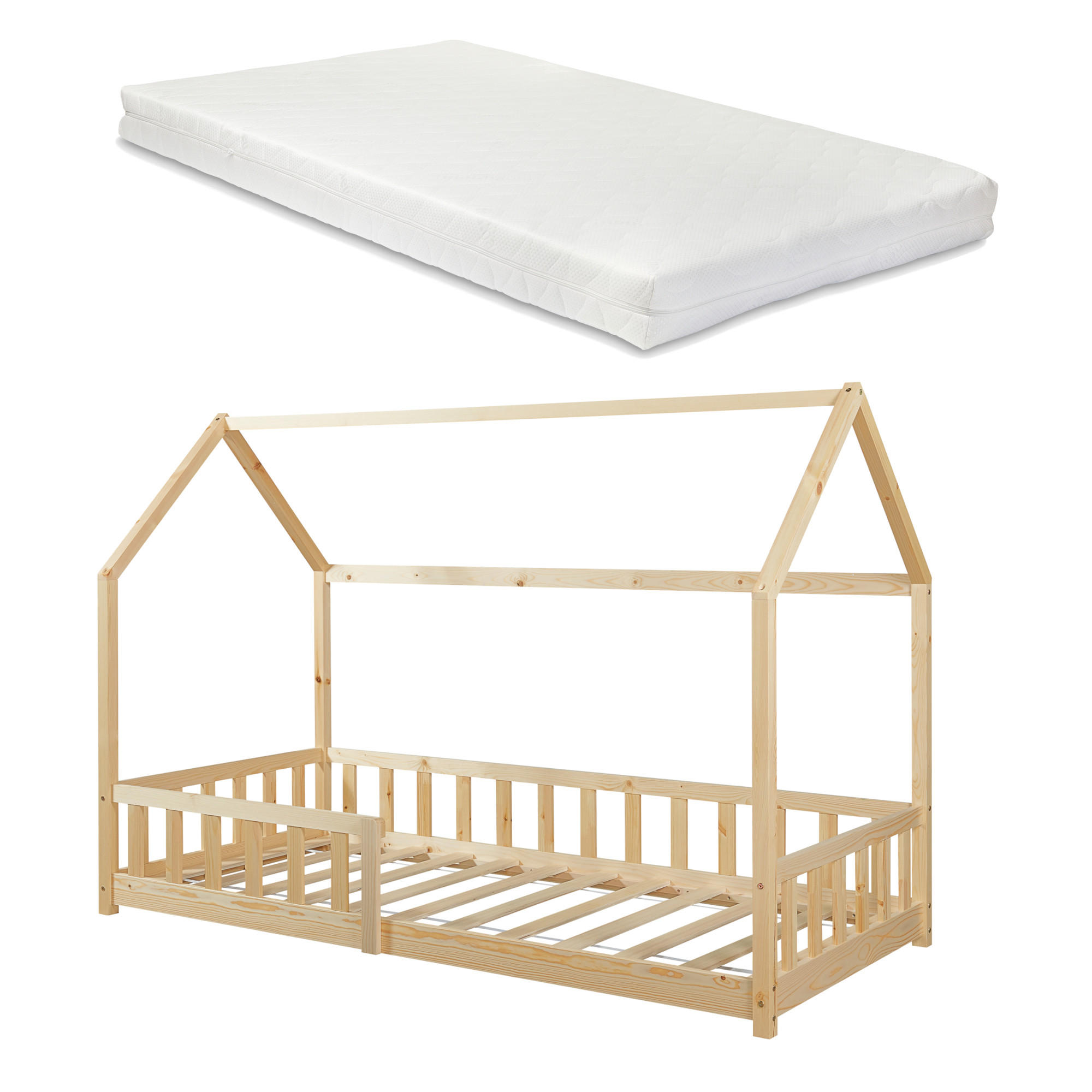 HAUSBETT Hesel mit Matratze - Naturfarben, Holz/Textil (90/200cm) - [en.casa]