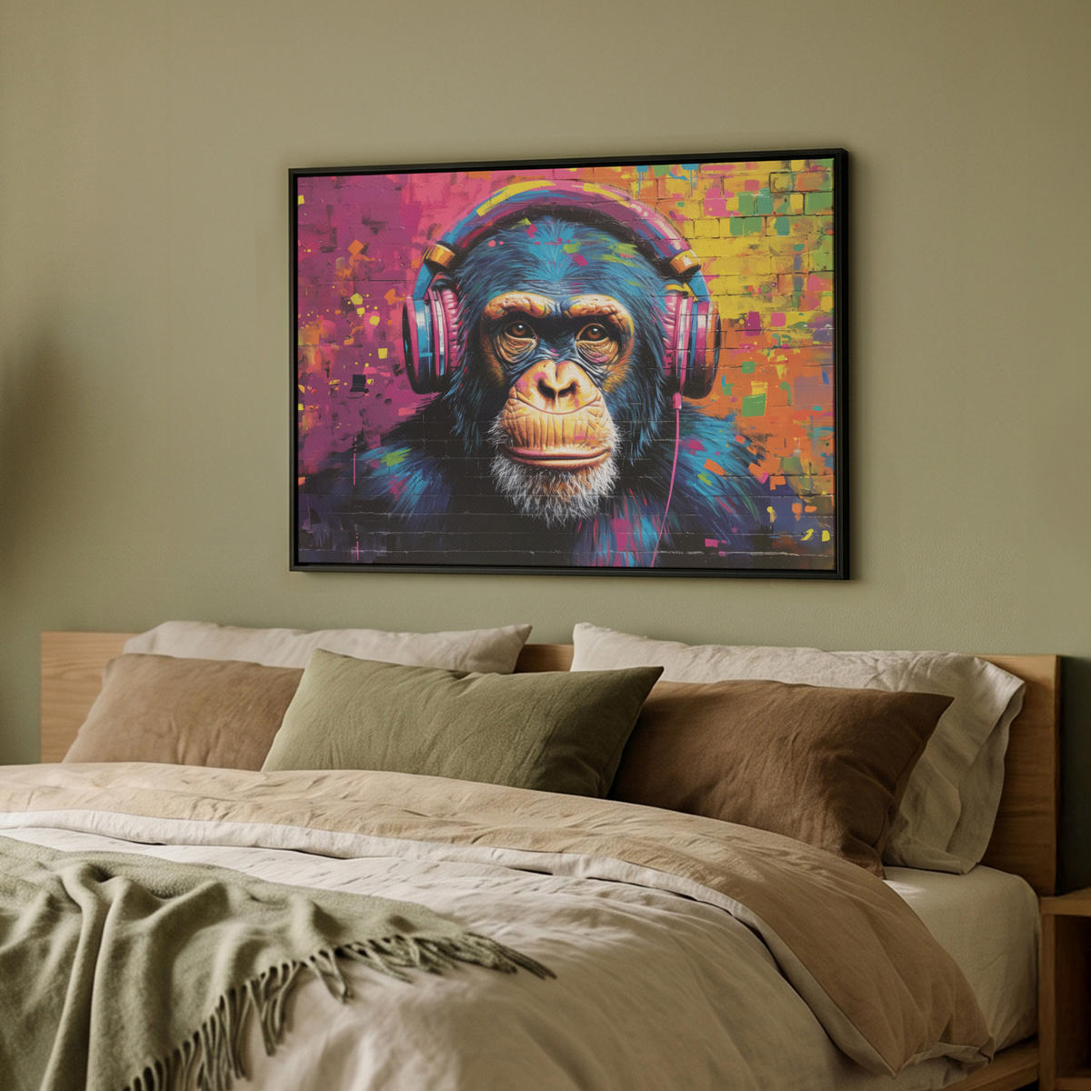 LEINWAND Bilder mit Rahmen - Graffiti - Schimpanse - Straßenkunst - Kopfhörer - Affe - 70x50 - Blau, Textil (70/50cm) - MuchoWow