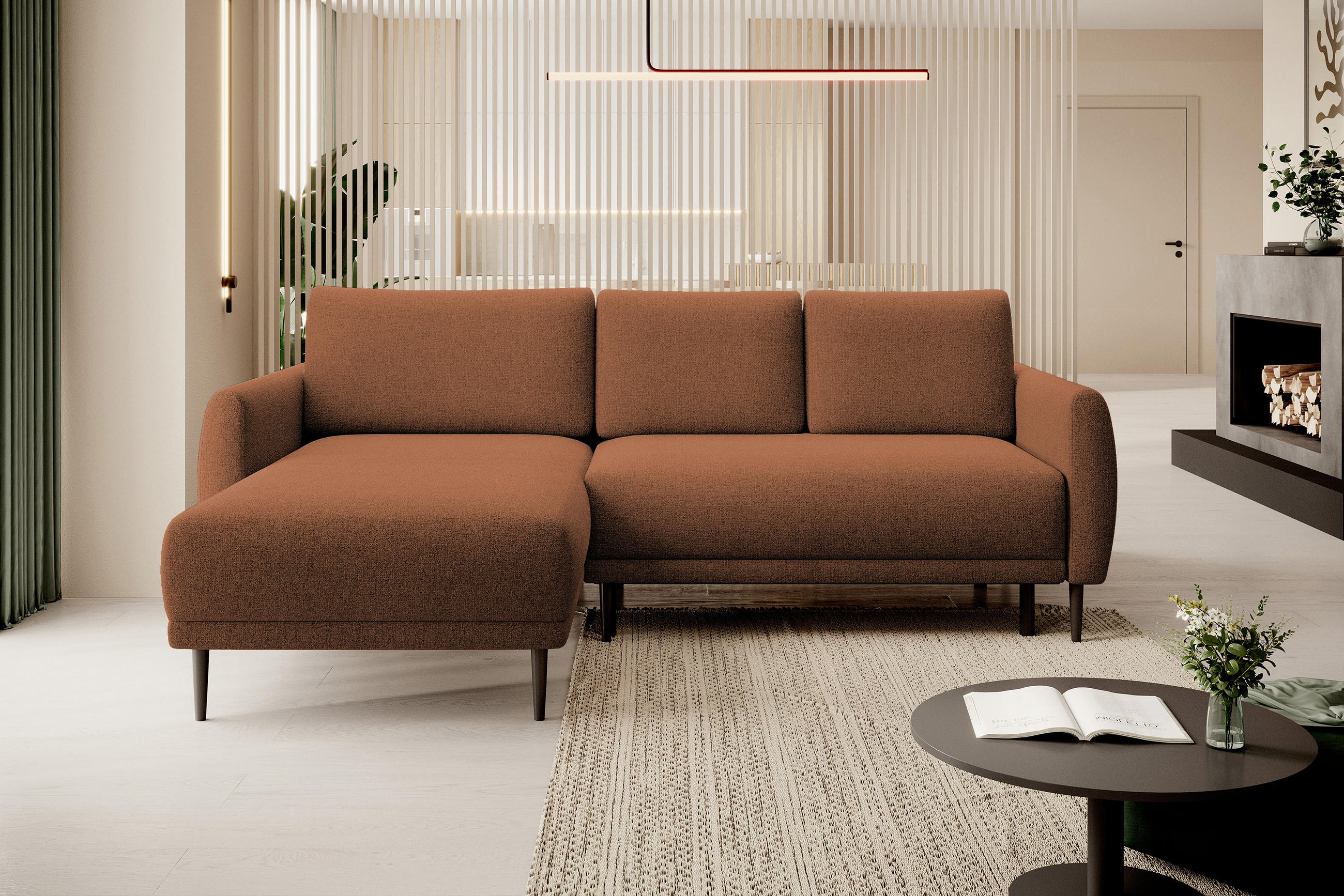 ECKSOFA BONO Stilvolles Sofa mit Schlaffunktion, Robuste Holzfüße, Elegante Armlehnen, Tiefe Sitzfläche 226x164x88cm, Linke, Braun - Braun, Holz/Textil (164/226cm) - DomoHome