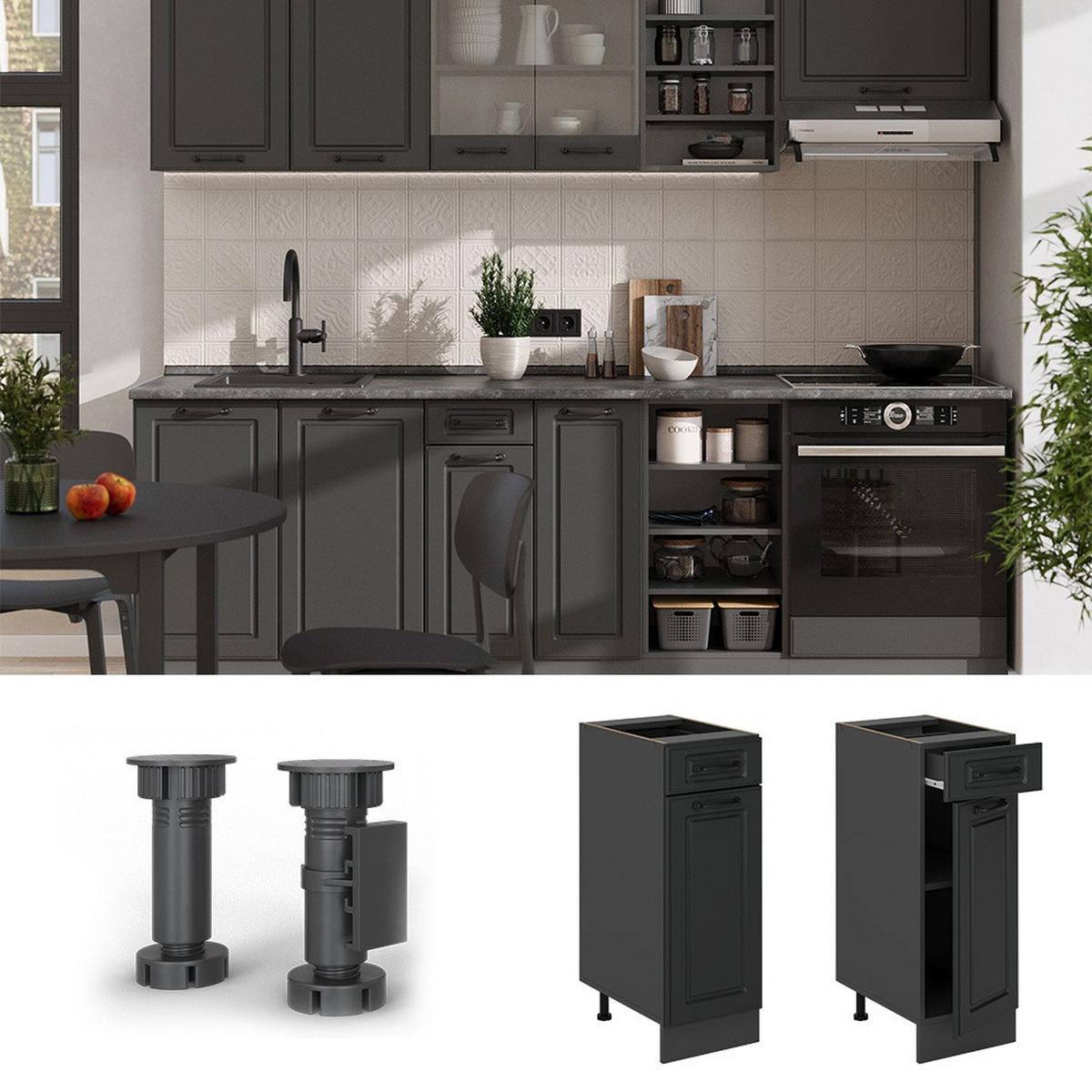 KÜCHENUNTERSCHRANK R-Line Anthrazit Landhaus 30 cm , AP Anthrazit - Anthrazit, Holzwerkstoff (30/81.6/60cm) - Vicco