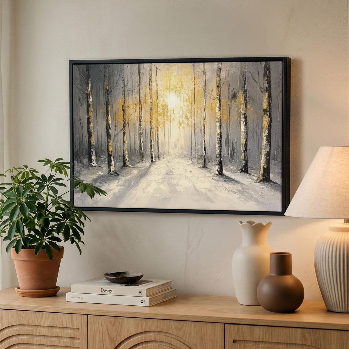 LEINWAND Bilder mit Rahmen - Winter - Abstrakt - Schnee - Natur - Sonne - 60x40 - Grau, Textil (60/40cm) - MuchoWow