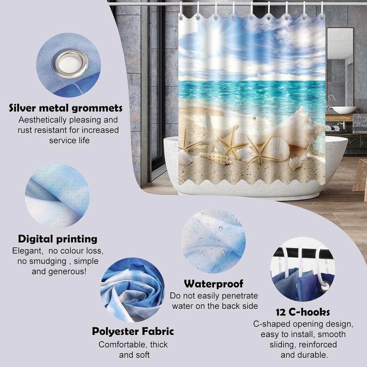 DUSCHVORHANG Polyester 180 x 200 cm schimmelresistent waschbar wasserdicht mit Haken - Multicolor, Textil (180/200cm) - MCBOSON