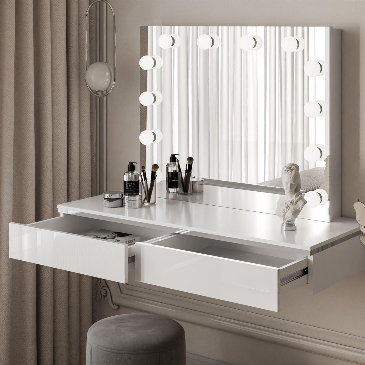 SCHMINKTISCH AURORA SILVER ELITE Hängend mit Spiegel Hochglanz Weiß - Weiß Hochglanz, Holzwerkstoff (102/14.9/43.6cm) - Lookway
