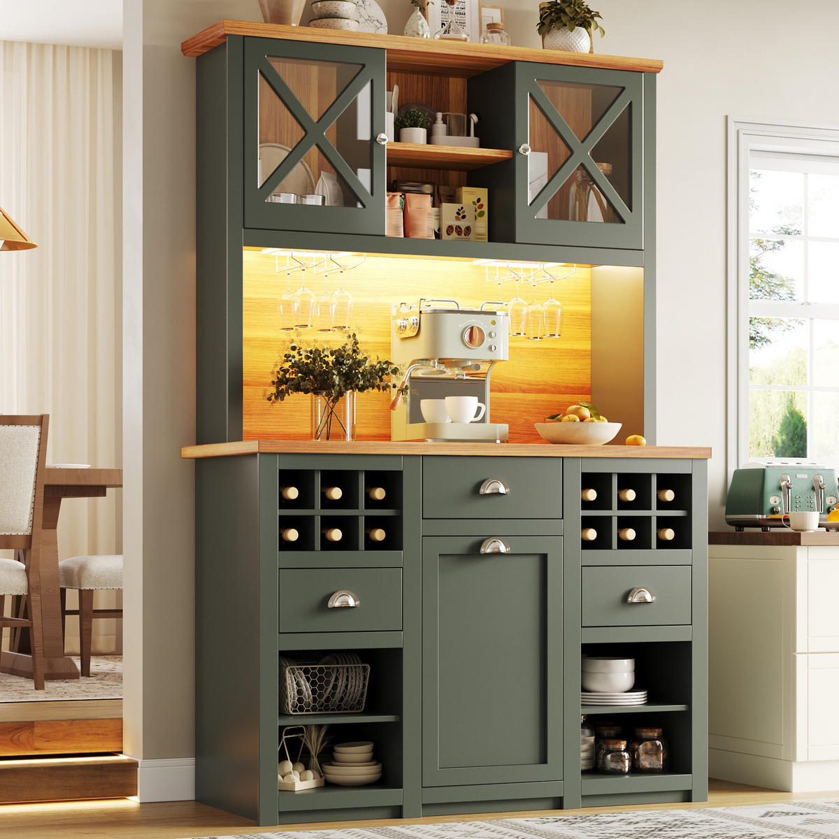 BUFFETSCHRANK 120/45/188 cm mit LED-Beleuchtung, Steckdosen, USB und Weinregal aus MDF und Glas, Antikgrün - Dunkelgrün, Holzwerkstoff (120/188/45cm) - Redom