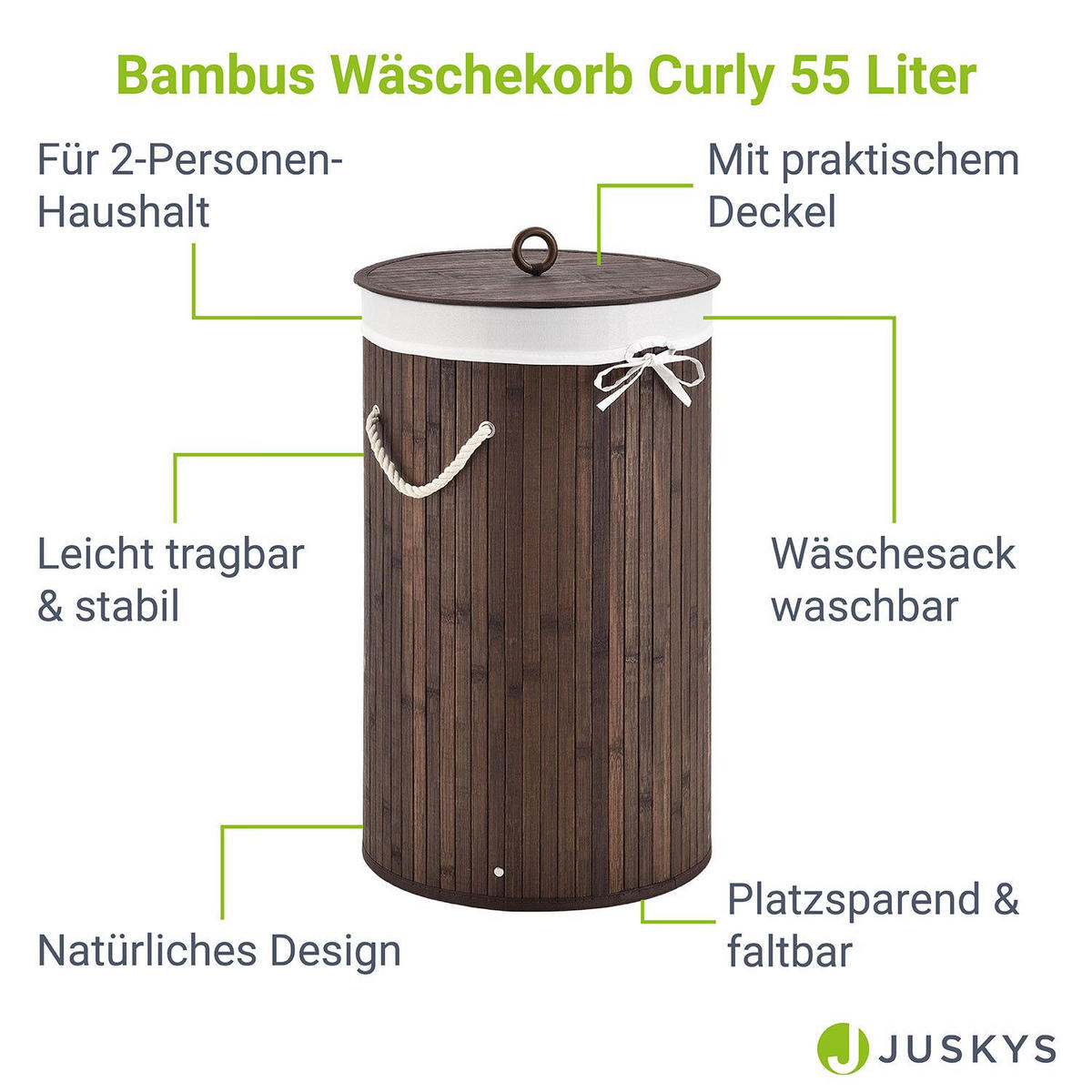 WÄSCHEKORB Curly-Round 55 L natur - Braun, Holz (35/60/35cm) - Juskys