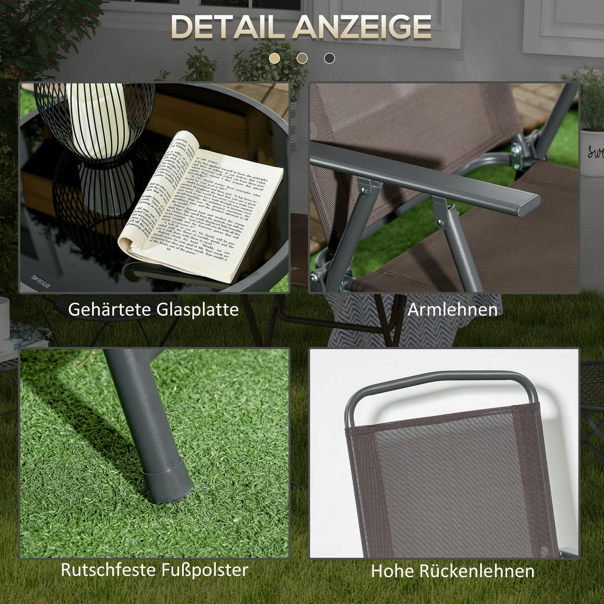 BISTRO-SET DE-07312 3-teilig, klappbar mit Glastisch Braun - Braun, Metall - ComfortXL