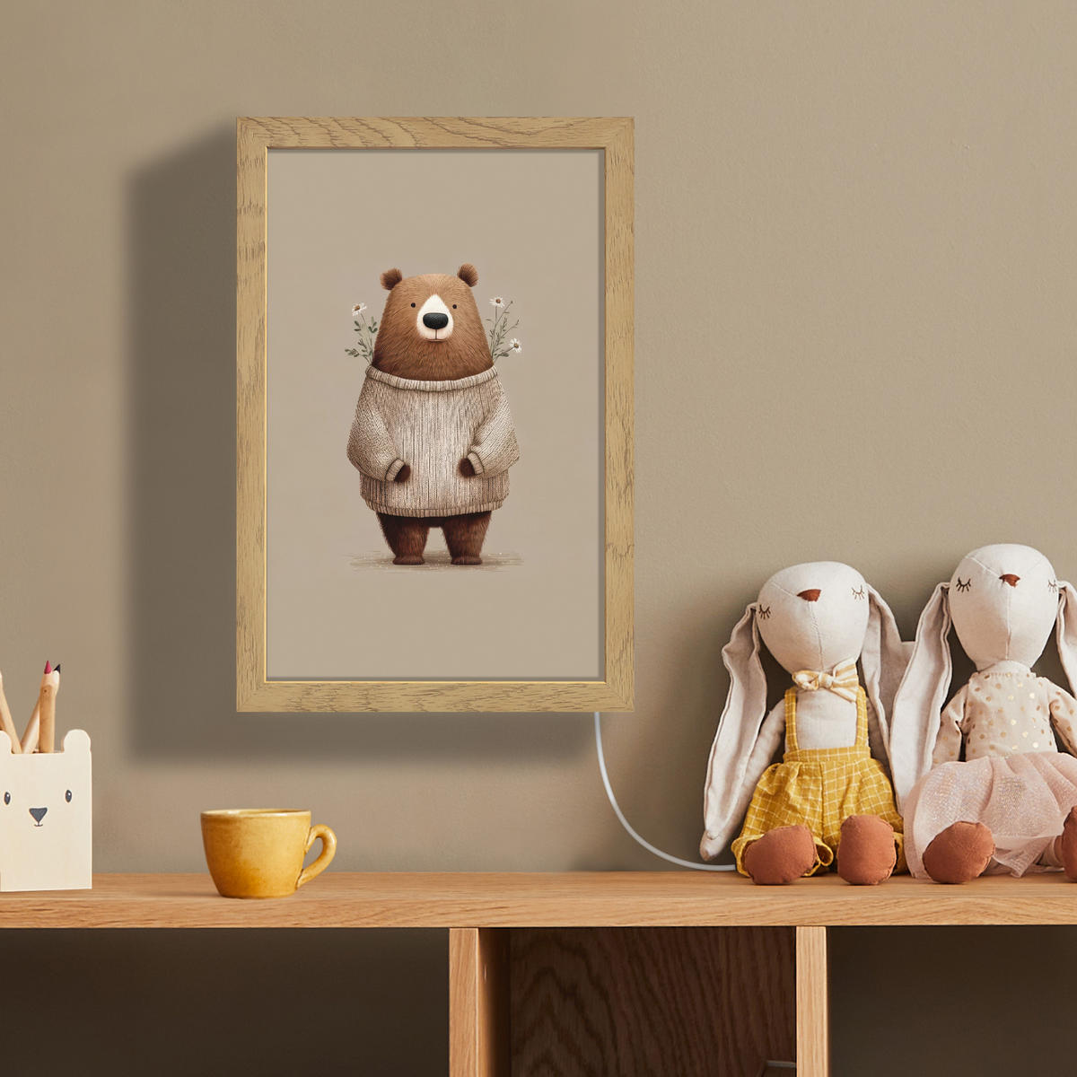 NÁSTĚNNÁ LAMPA Medvěd - Bílé květy - Cosy 20x30 cm - šedohnědá, kompozitní dřevo (20/30/8cm) - OnlyWow