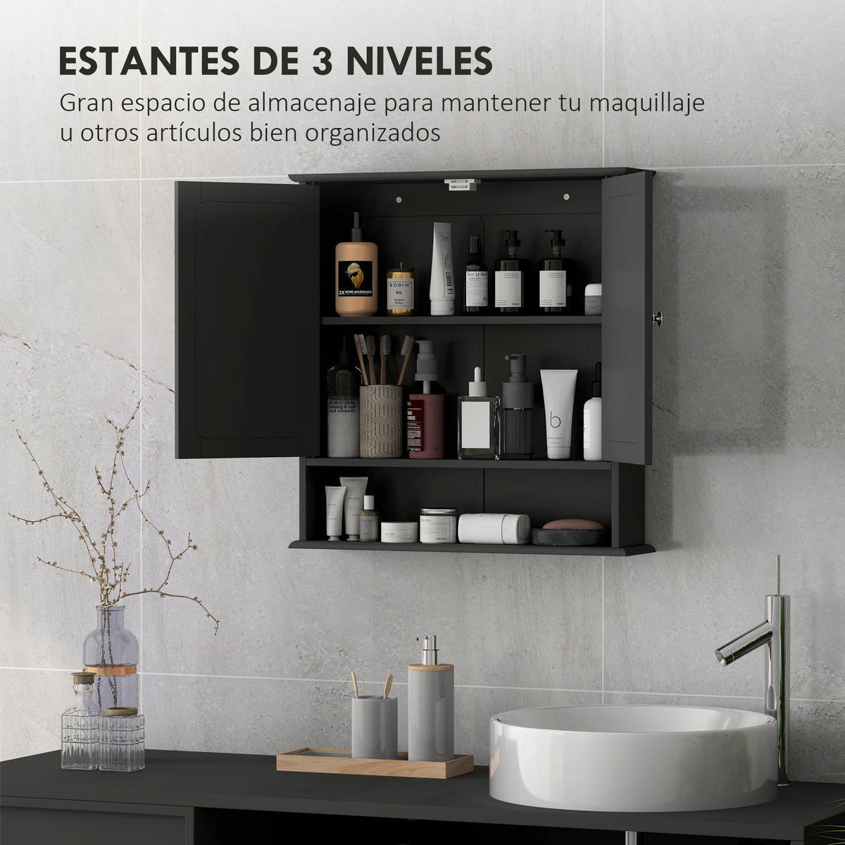 SPIEGELSCHRANK ,offenem Fach, verstellbarem Einlegeboden, 56 x 13 x 58 cm ,Schwarz - Schwarz, Glas (56/58/13cm) - Vallsero