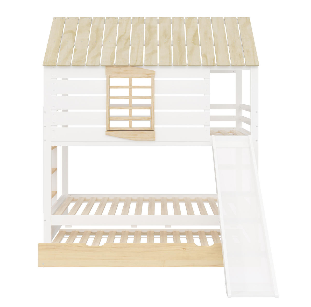 ETAGENBETT aus Kiefer und MDF 90x200 cm Weiß/Natur mit Rutsche, Ausziehbett und Hausdach - Weiß, Holzwerkstoff (90/200cm) - Modfu