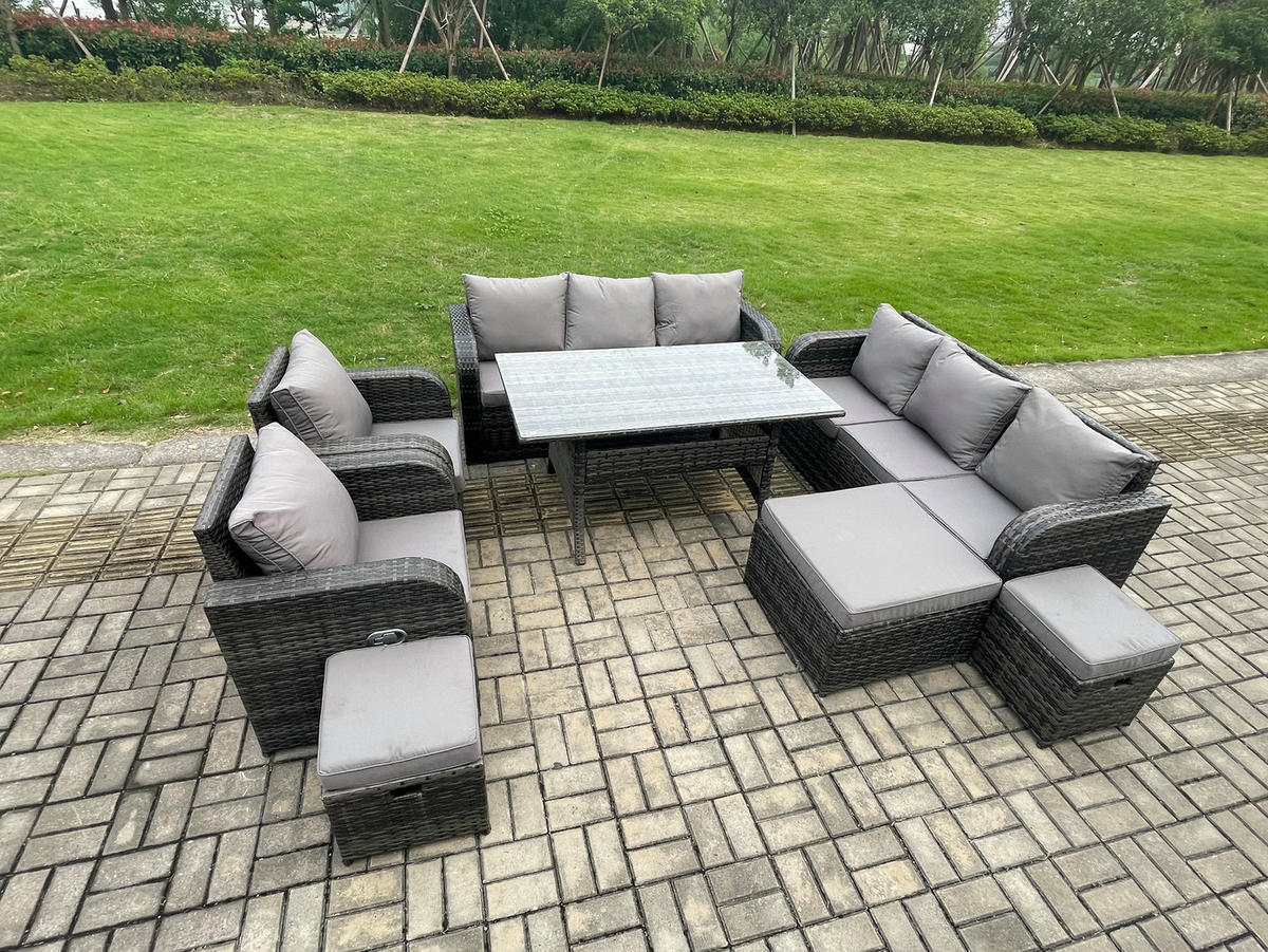 GARTENTISCHGRUPPE mit 3 Hockern Polyrattan Dunkelgrau 11-Sitzer - Dunkelgrau/Grau, Glas/Kunststoff - Fimous