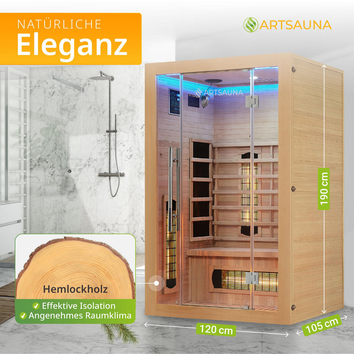 INFRAROTKABINE Kiruna 120 mit Dual Technologie & Hemlockholz - Naturfarben, Holz (120/190/105cm) - Artsauna