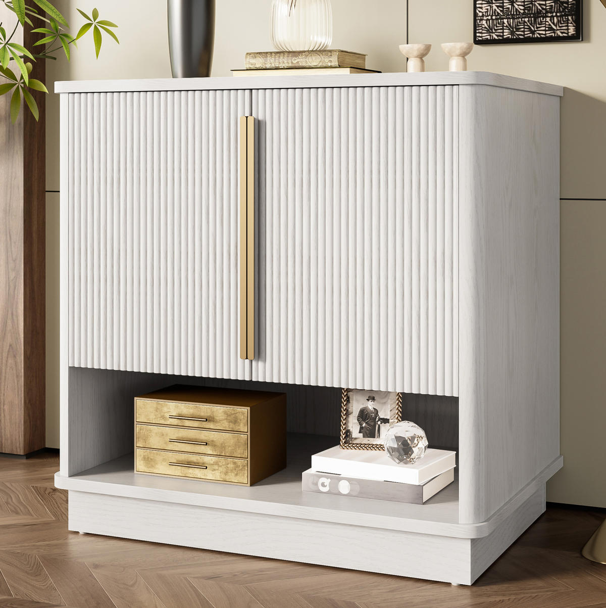 SCHUHSCHRANK 60 x 40 x 61 cm MDF Weiß mit 2 Türen und offenem Fach - Weiß, Holz (40/61/60cm) - Beauniv