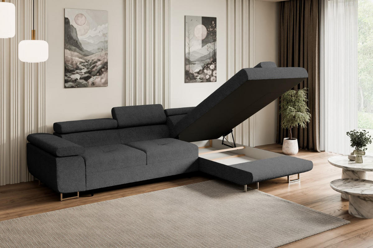 ECKSOFA mit Schlaffunktion und Bettkasten GUSA-L 272x202x107 cm Grau Bouclé - Silberfarben/Grau, Holzwerkstoff/Textil (272/202cm) - ALTDECOR