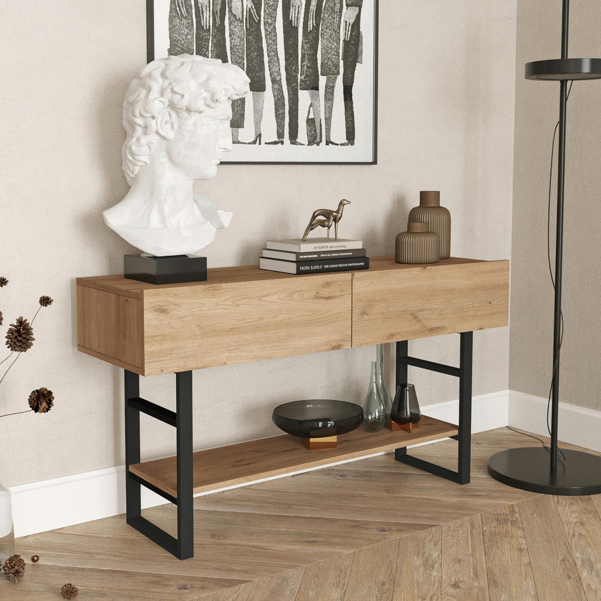 KONSOLOVÝ STŮL Lappeenranta - černá/barva dubu, kov/kompozitní dřevo (43/139/76cm) - [en.casa]