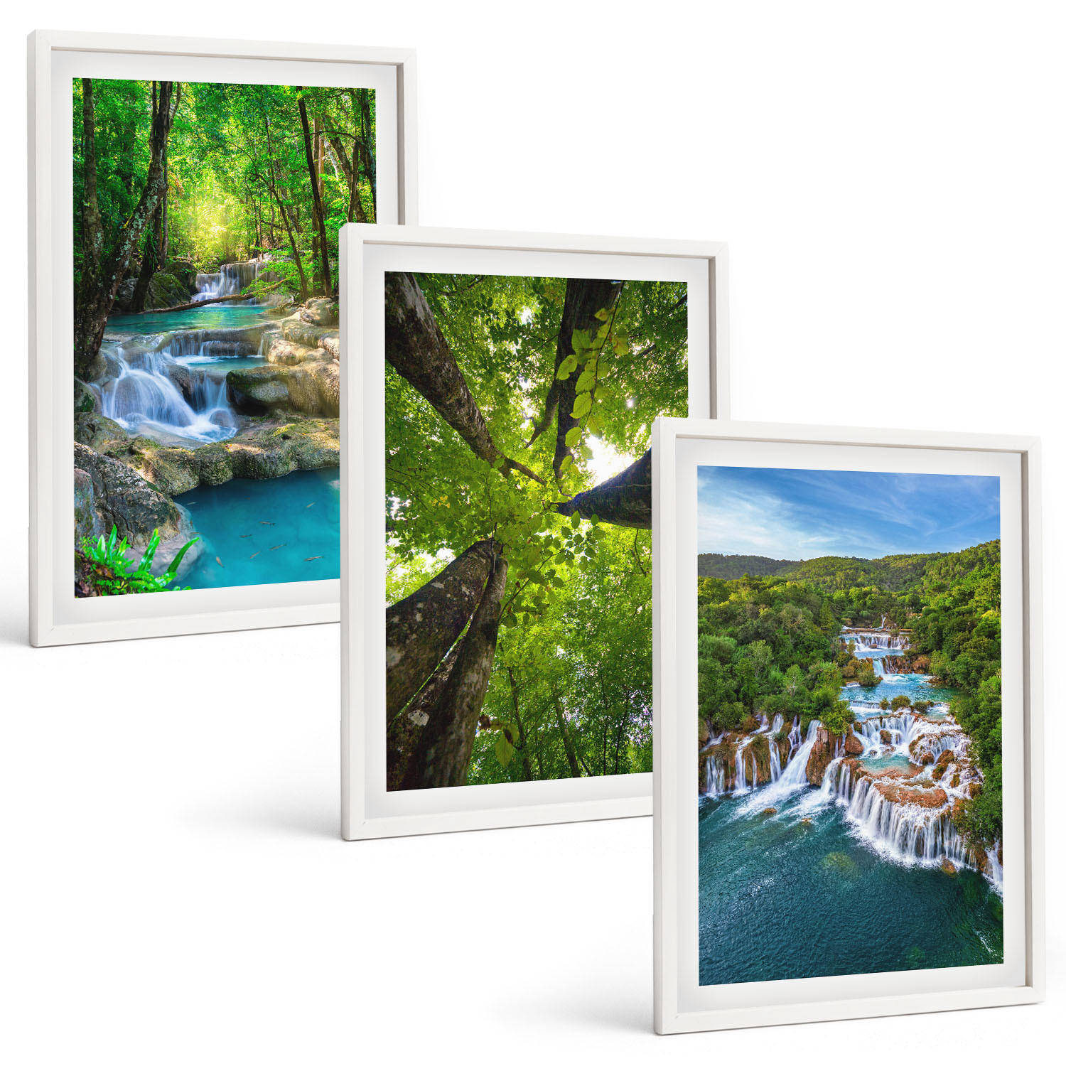 BILDER SET 3er Set - 40x60 cm Weißer Rahmen - Wasserfälle grüner Wald Wasser - Weiß, Kunststoff (40/60cm) - TULUP
