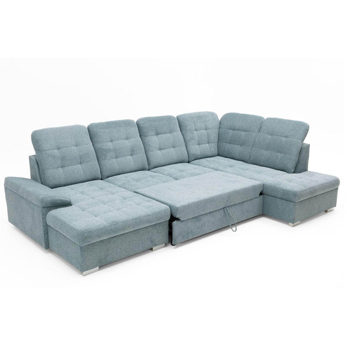 ECKSOFA U-Form OLIVIA U Rechts mit Schlaffunktion 124x257 Velours Blaugrau - Silberfarben/Blaugrau, Holz/Kunststoff (202/103/320cm) - Muffo