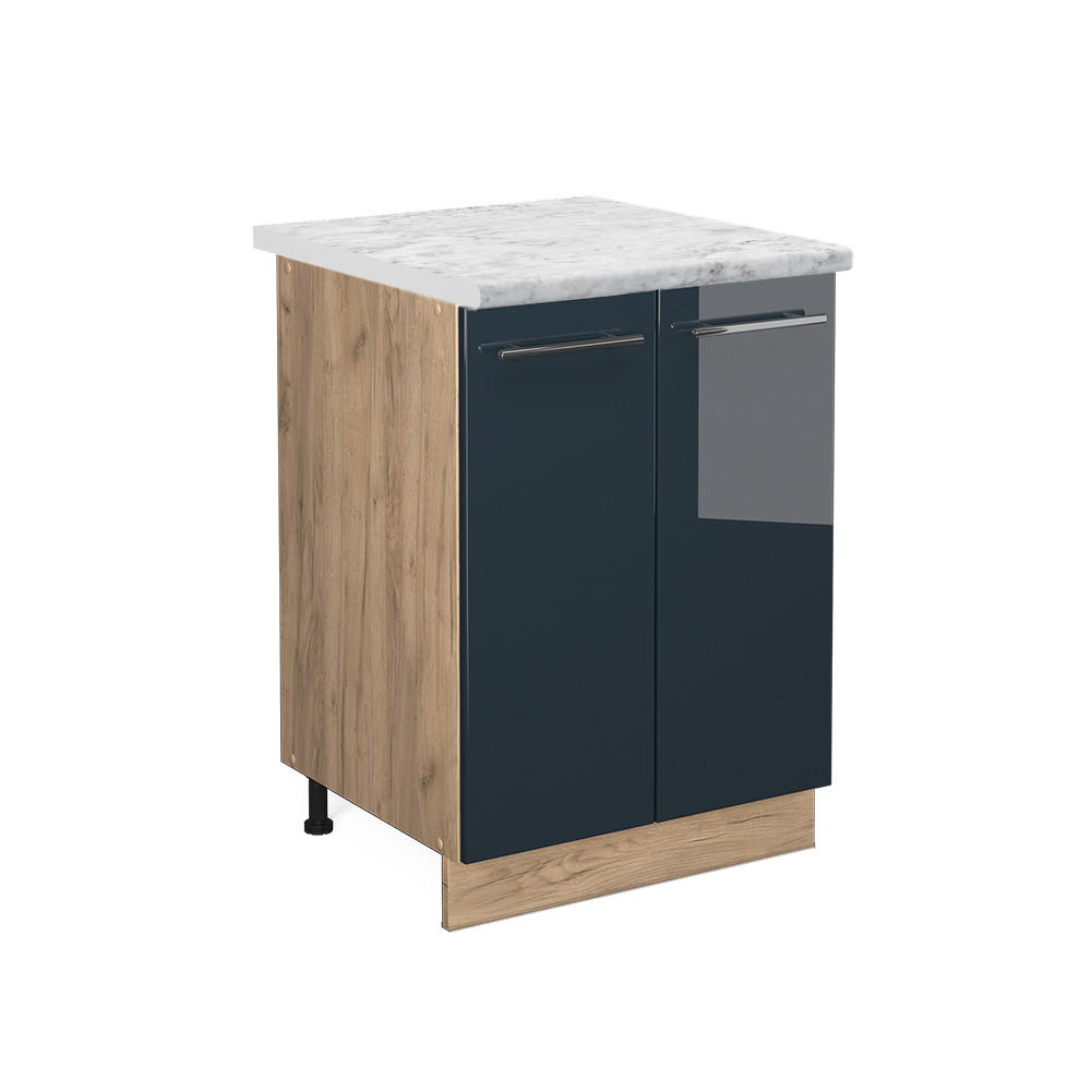 UNTERSCHRANK Fame-Line Dunkelblau Hochglanz 60 cm, AP Marmor - Eiche Wotan/Dunkelblau, Holzwerkstoff (60/82/60cm) - Vicco