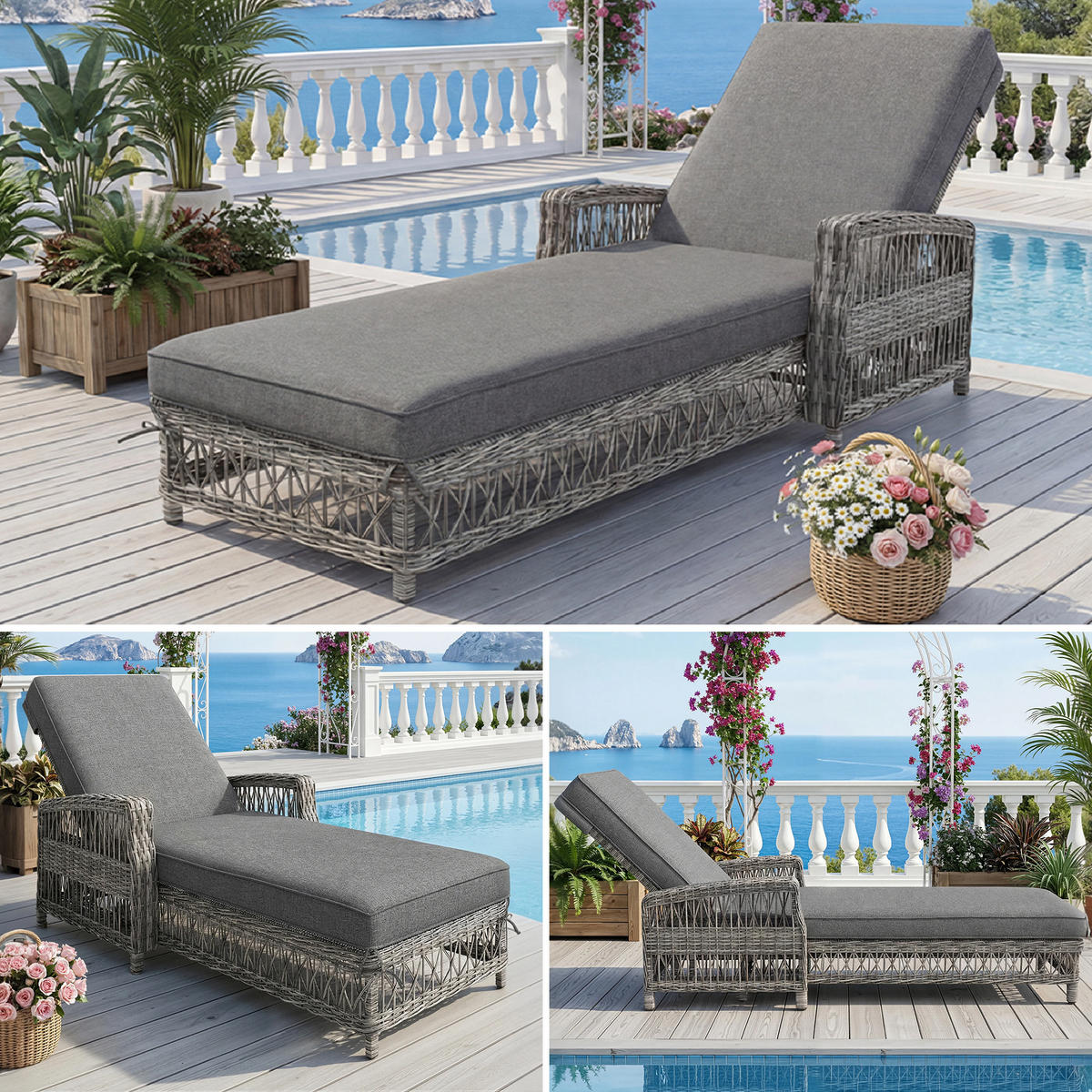 SONNENLIEGE Rattan Grau verstellbar Kissen wetterfest 1 Set - Grau, Metall (70/58/192cm) - FLIEKS