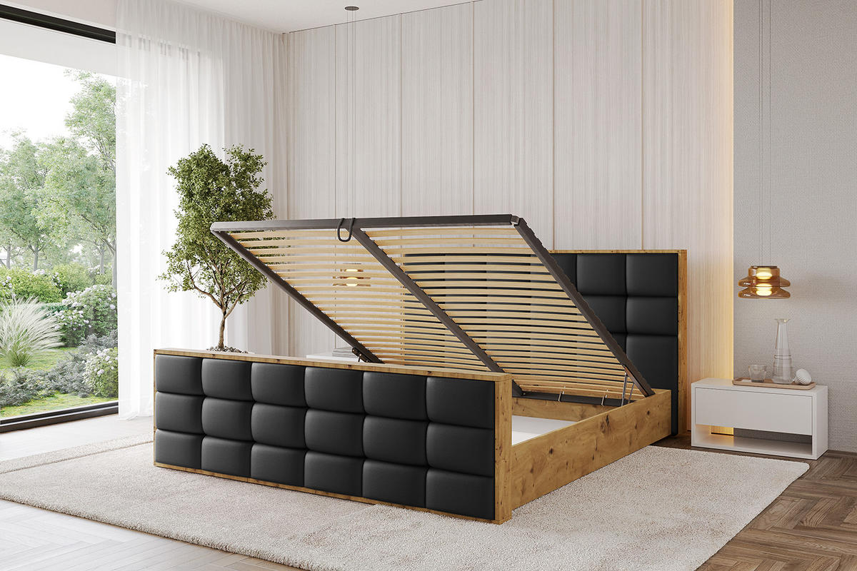 POLSTERBETT mit Bettkasten, Fußteil und Lattenrost, Boxbett mit Matratze H3/H4 - ENZO2-Z 120x200 Schwarz Kunstleder - Schwarz Hochglanz, Holzwerkstoff/Textil (120/200cm) - ALTDECOR