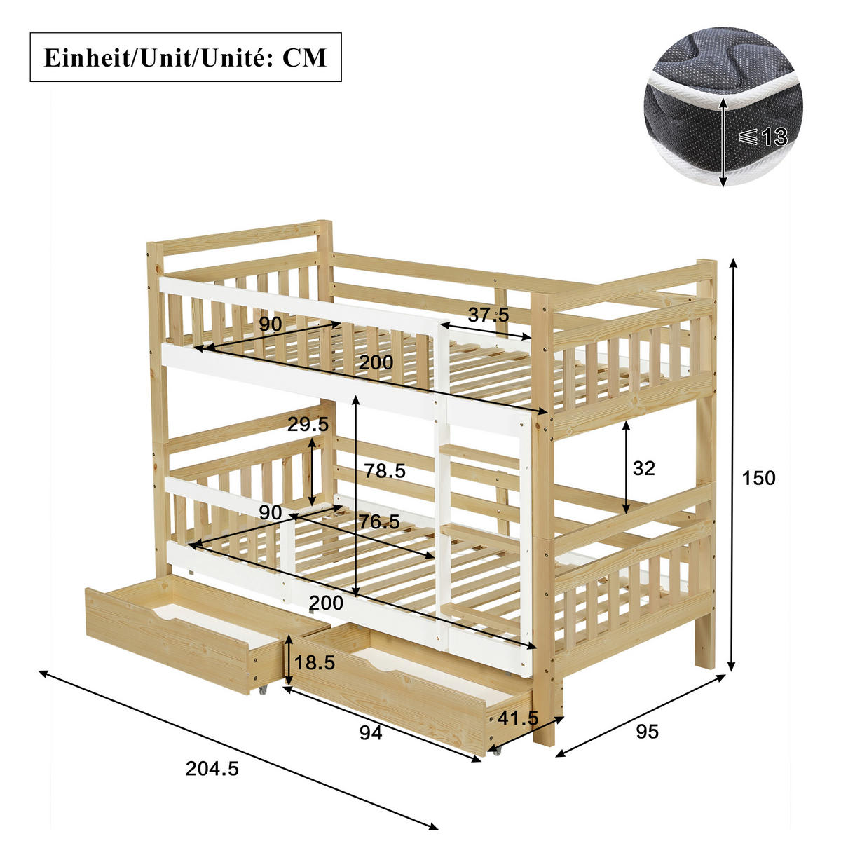 ETAGENBETT 90/200 cm teilbar in 2 Einzelbetten, DE-41774, in Natur - Naturfarben, Holzwerkstoff (90/200cm) - ComfortXL