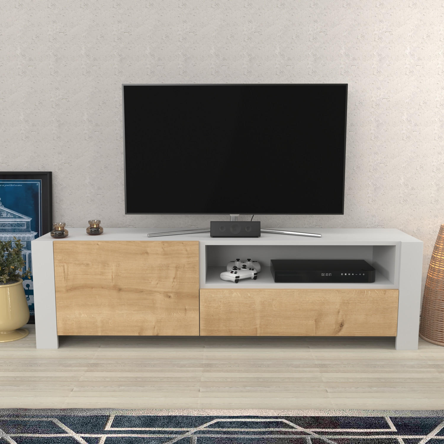 Thumbnail - Decorotika Tv-Element, Weiß, Eiche Artisan, Holzwerkstoff, Rechteckig, 160x46x36.8 cm, Wohnzimmer, Wohnwände, Lowboards,...