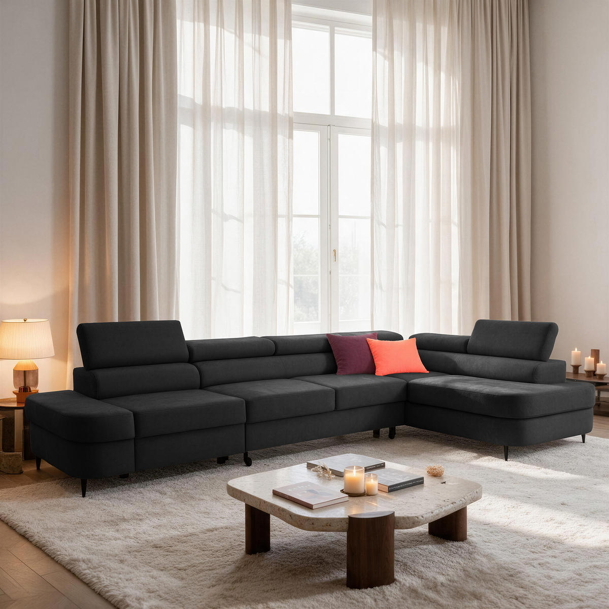 ECKSOFA PRIAM MAXI L-Form Rechts mit Schlaffunktion 125x195 Velours Anthrazit - Anthrazit/Schwarz, Holz/Textil (350/203cm) - Muffo
