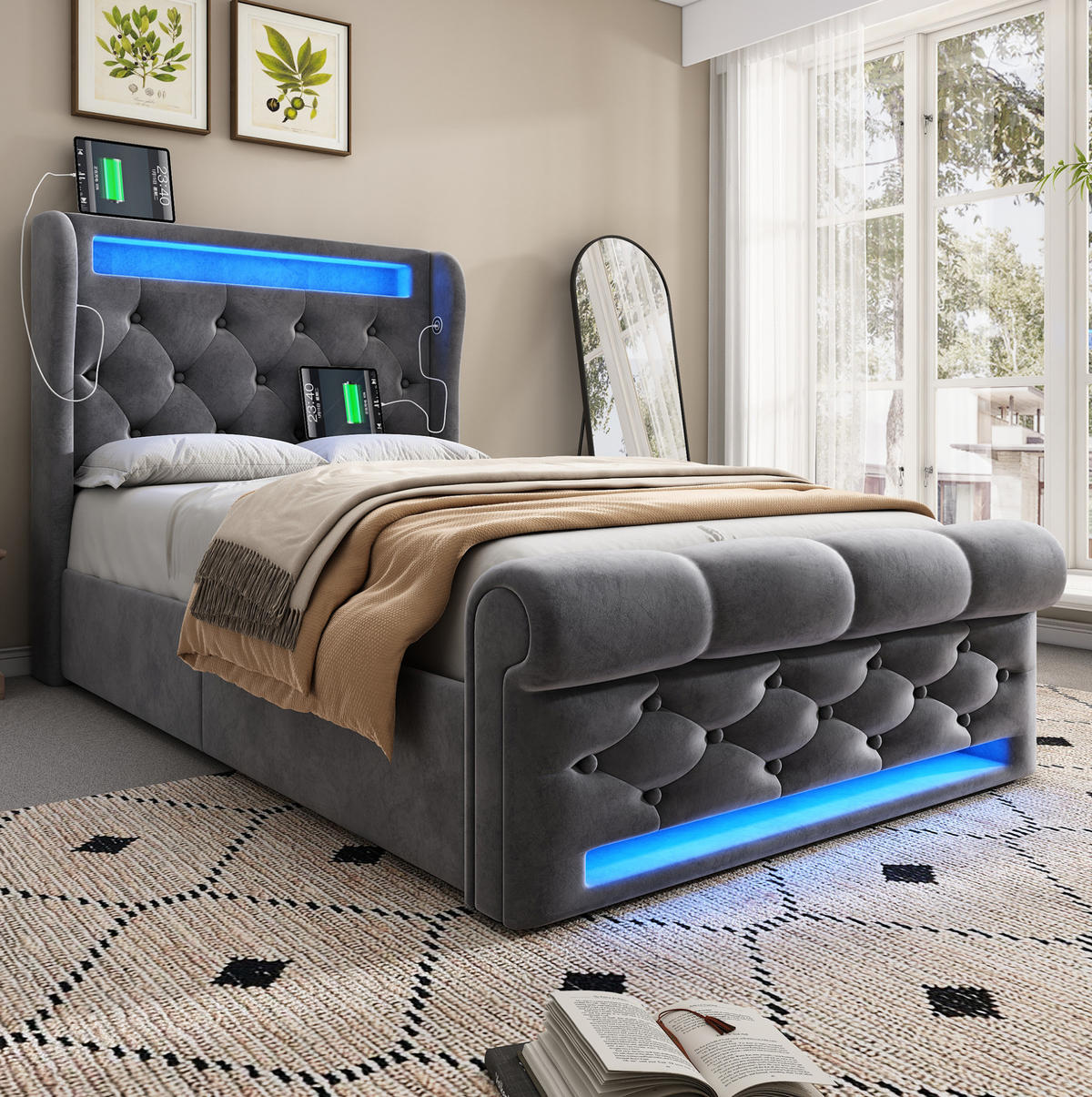 SAMT-POLSTERBETT 90/200 cm mit LED-Beleuchtung und Bettkasten, Grau - Grau, Textil (90/200cm) - BEAOK